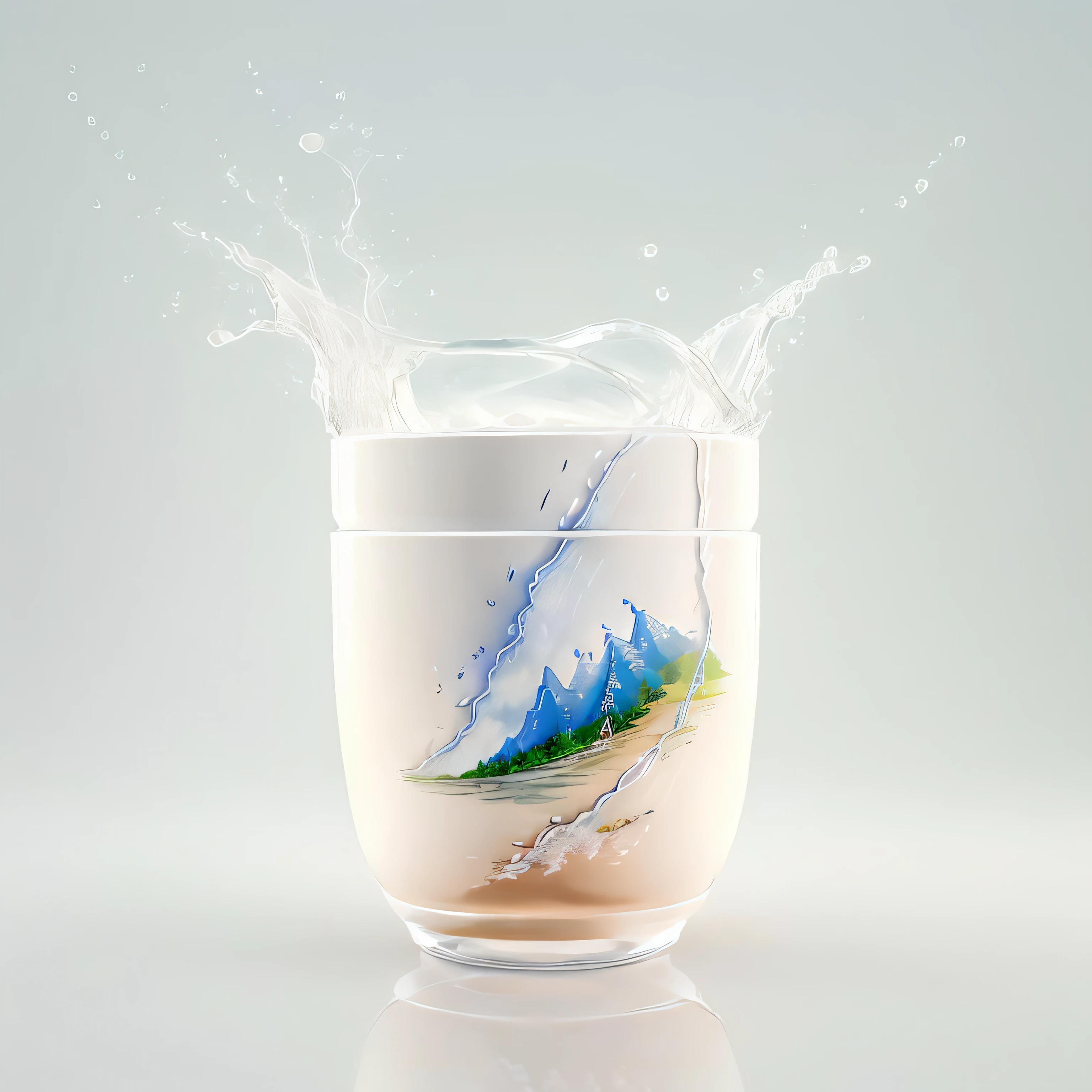 Product photo, ( Retro web technology ) , Reflective , Master Ella, F 8 aperture, a 3D render, New objectivity,A milk tea cup with,Landscape paintings were painted on the cups