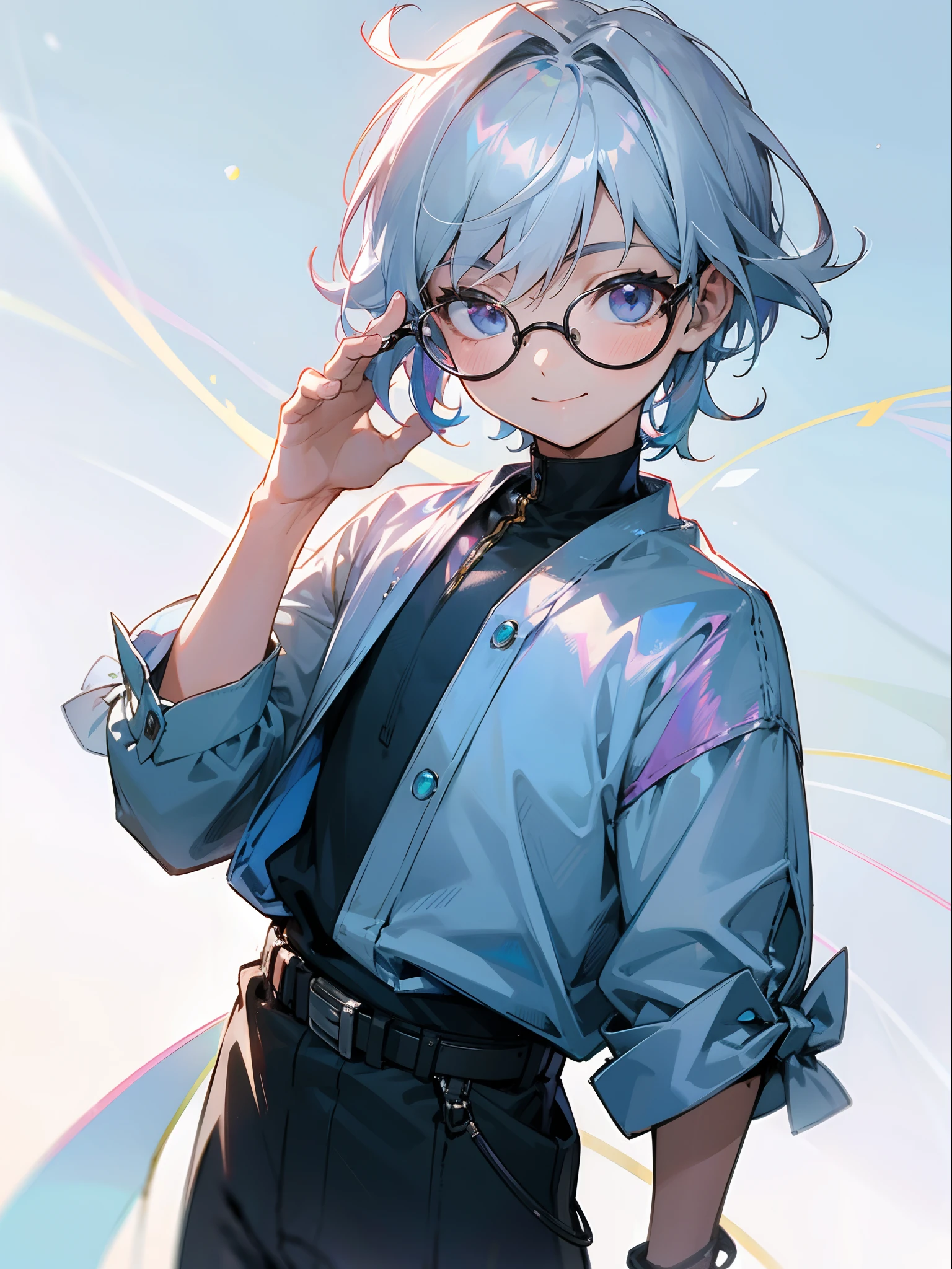 Male child, eye glasses,Cowboy Shots,A smile, silber hair,Daytime,Iridescent background,
