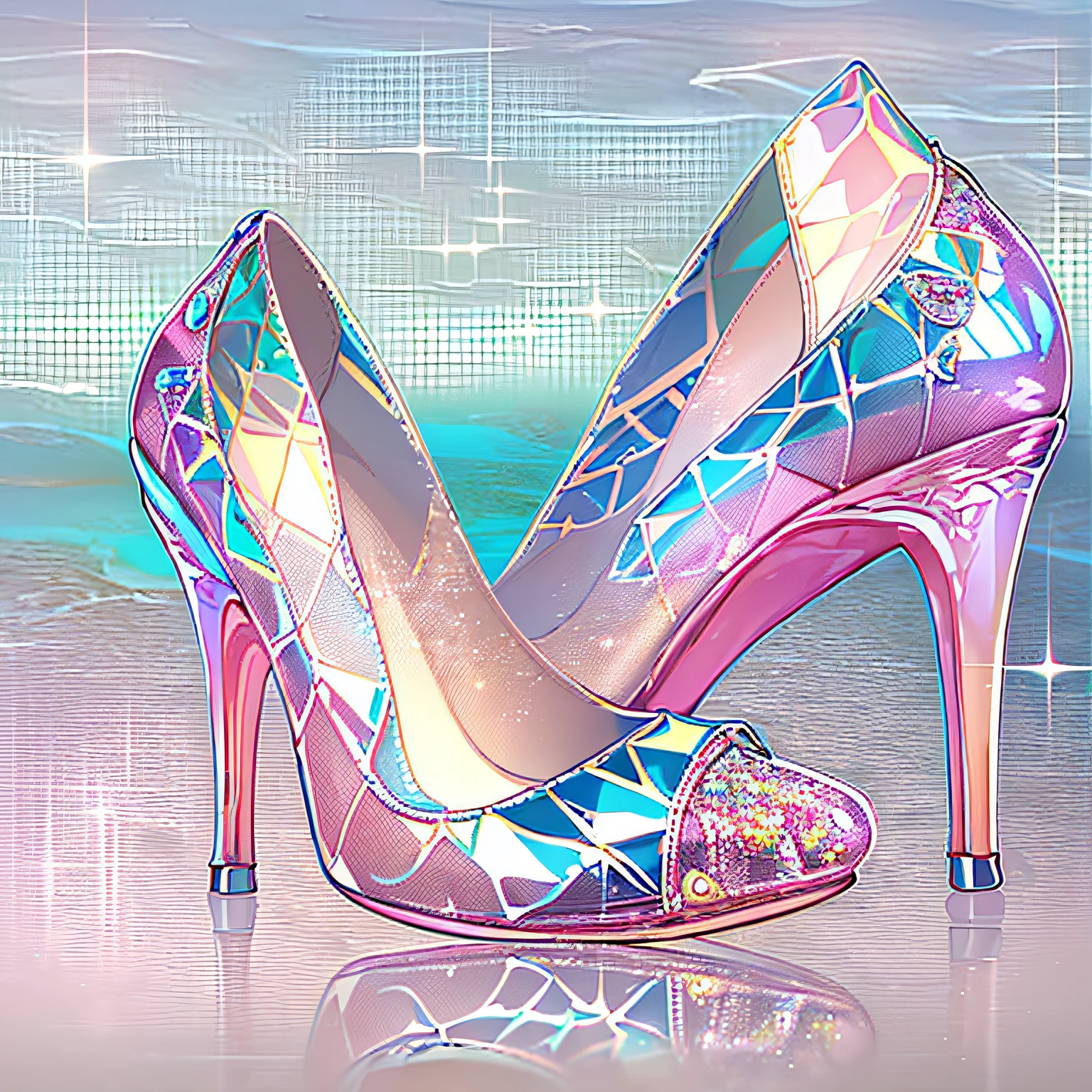 A pair of high heels,without humans,(Top resolution:1.5), (Top image quality:1.5), Close-up of a pair of shoes on a shiny surface, slightly holographic, fairy tale style background, made in adobe illustrator, Magical items, holograph, illustration!, Pink high heels, Crystal heels, (The background is the seaside:1.6)