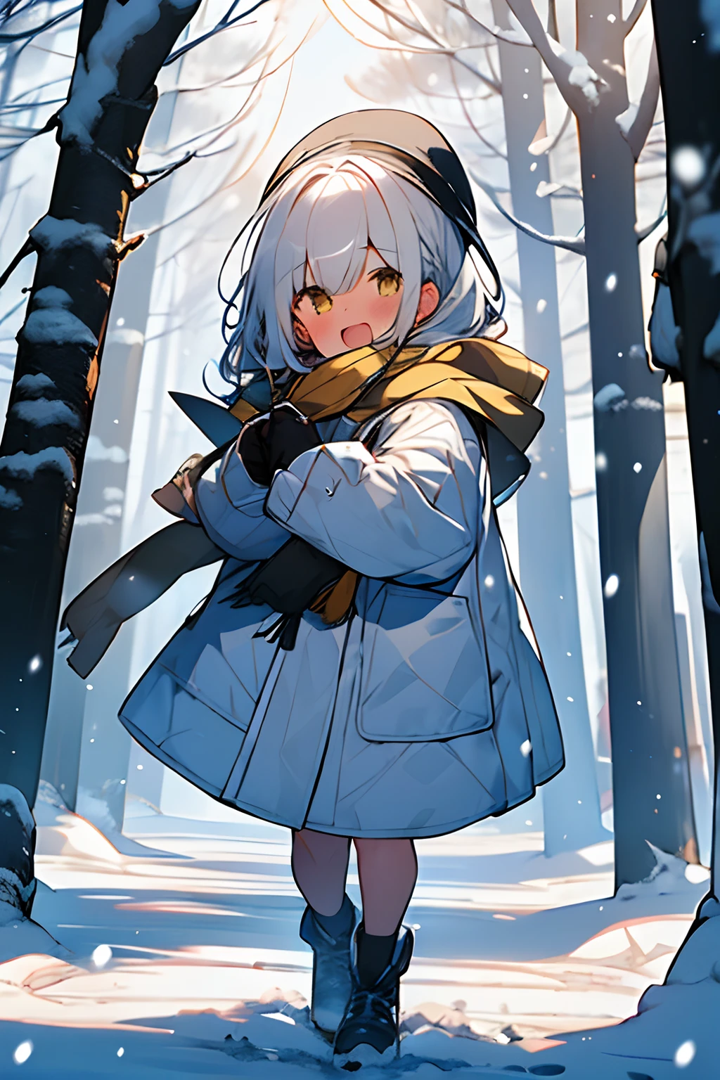 {high quality}, 1girl, white hair, yellow scarf, white down jacket, black fluffy gloves, snow falling, frolicking in yard, snowy trees,
