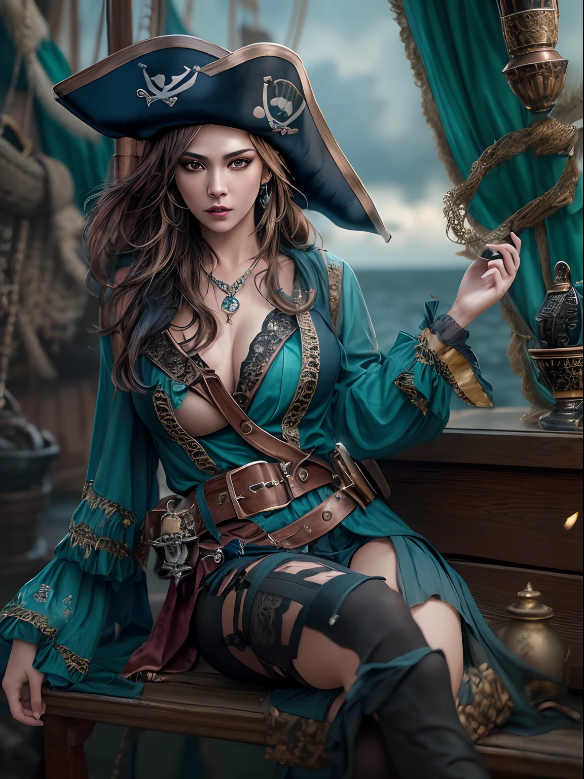 (Masute pieces, An interesting image of a sensual pirate dressed in blue tones is a seductive pirate..:1.3), (Captivating depiction that represents the perfect combination of glamour and adventure..:1.2), (Meticulously crafted to emphasize the character's enchanting charm..:1.2), (Charming pirate in charming pirate costume that emphasizes her figure..:1.1), (Balancing classic pirate elements with a modern touch of sensuality..:1.1), (Her confident and courageous expression is::、Add to her mystical charm..:1.1), (Attention is paid to the details of the set.., From low necks to luxurious accessories..:1.1), (The background captures the essence of the pirate world.., With treasures and adventure tips:1.1), (While embracing sensuality..、Sensual portrayal, interest and adventure.:1.1), (The combination of attractive aesthetics and the spirit of piracy is、Create visually appealing elements:1.1), (This image inspires viewers to imagine the story and escape of this charming pirate character..:1.1), (A work of art that celebrates both imagination and glamour in a vibrant and captivating way..:1.1), (An invitation to embrace the charm of the high seas and the enchanting world of seductive pirates..:1.1)), motion picture, ultra-detail, insane details, Beautifully graded colours, unreal engine, Degrees of Freedom, Hypercypete, Megapixels, Weight loss in the cinema, Anti-Aliasing, FKA, NBTC.., EGAT.., S., Post Processing, Post productions, Tone mapping, ...CGI, VFX, Tokusatsu, detailed and intricate, Hypermaxim, Hyper-Realistic, volumetric, photorealistic portrait, ultra photoreal, ultra-detail, intricate detailed, Super Detailed, Full color, Volumetric lightning, EGAT.., Realistic, unreal engine, 11, crisp focus, octanerender