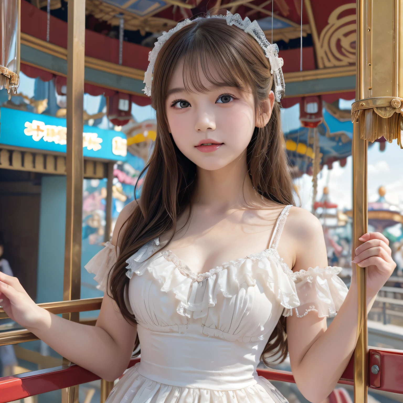 hiquality,8K,realisticlying,1girl in,10yaers old,11years old  girl,Japan gravure idol,(((Esmanium,6headed body))),Brown Shorthair,(Wearing a dress,Princess-like dress with lots of frills),delicated face,Clear eyes,Features of Pure Appearance,(((An amusement park,Inside the Ferris wheel))),facial close-up