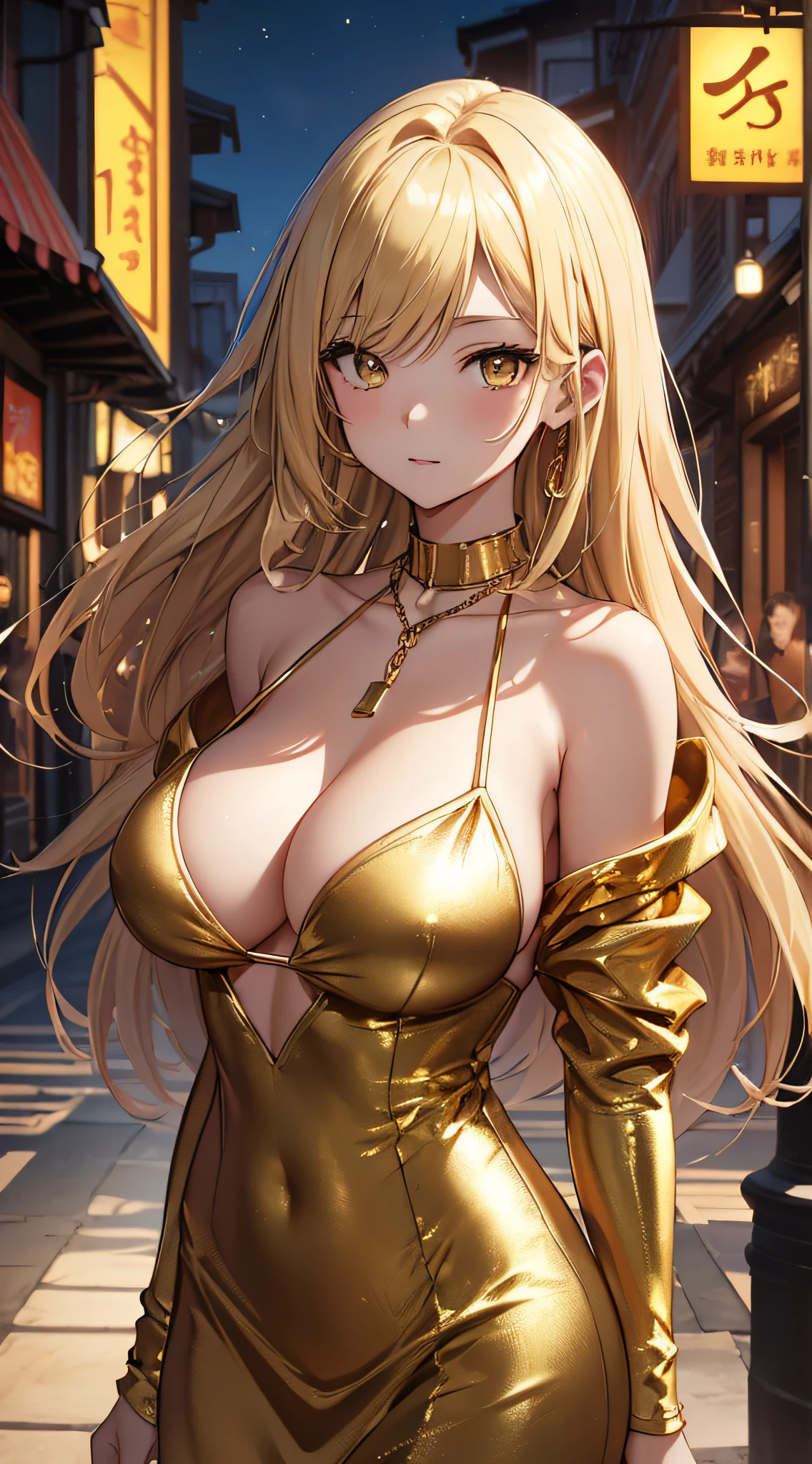 top-quality、Top image quality、​masterpiece、girl with((20yr old、Best Bust、big bast、Bust 85,beautiful golden eyes、Breasts wide open,Blonde long hair、A slender、Large valleys、Gold Bikini、Gold Dress,close range、Lonely face)）hiquality、Beautiful Art、Background with((Fashionable night city、Golden Chain、)))masutepiece、visualart、depth of fields、