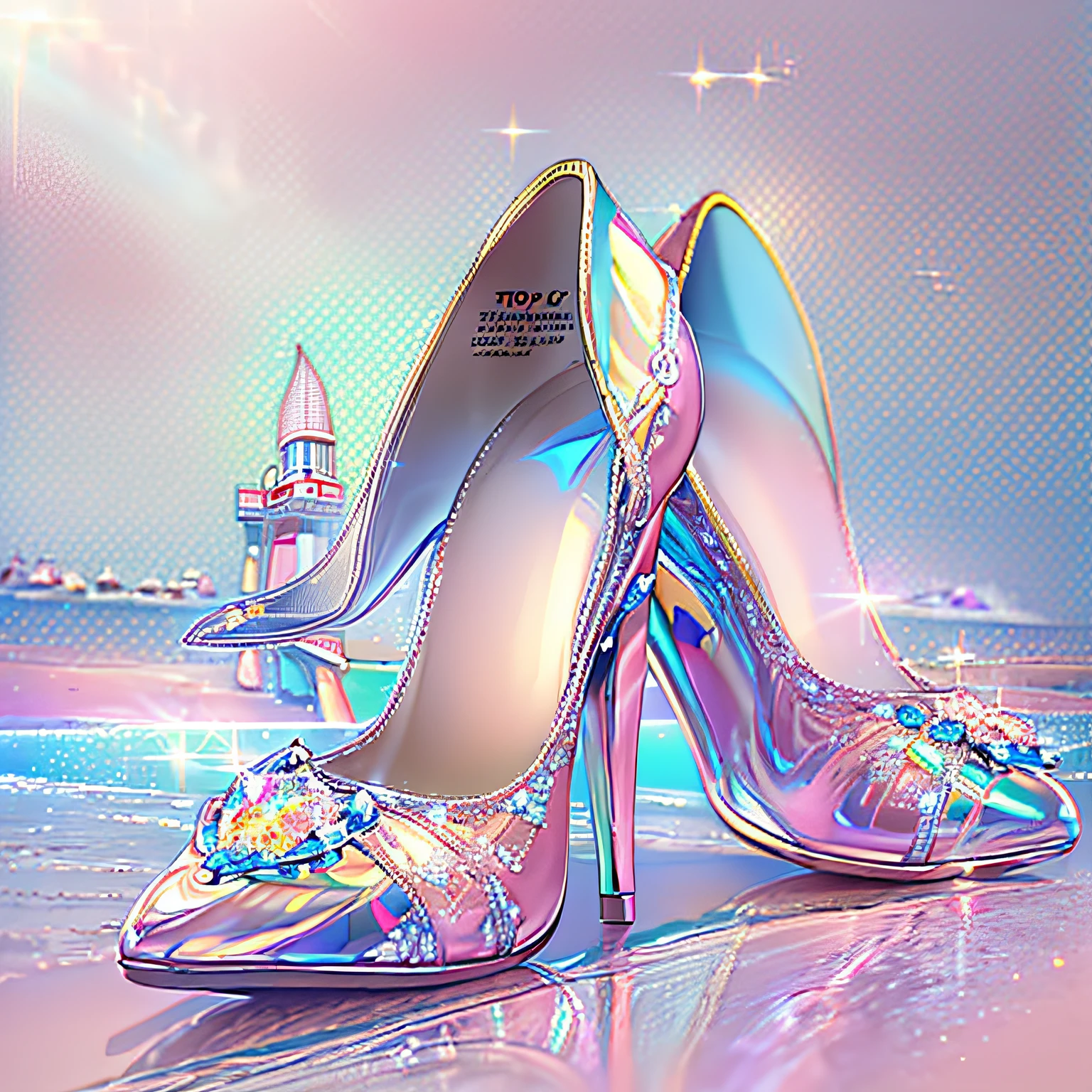 A pair of high heels，without humans，(Top resolution:1.5),  (Top image quality:1.5), Close-up of a pair of shoes on a shiny surface, slightly holographic, fairy tale style background, made in adobe illustrator, Magical items, holograph, illustration!, Pink high heels, Crystal heels， (The background is the seaside:1.6)