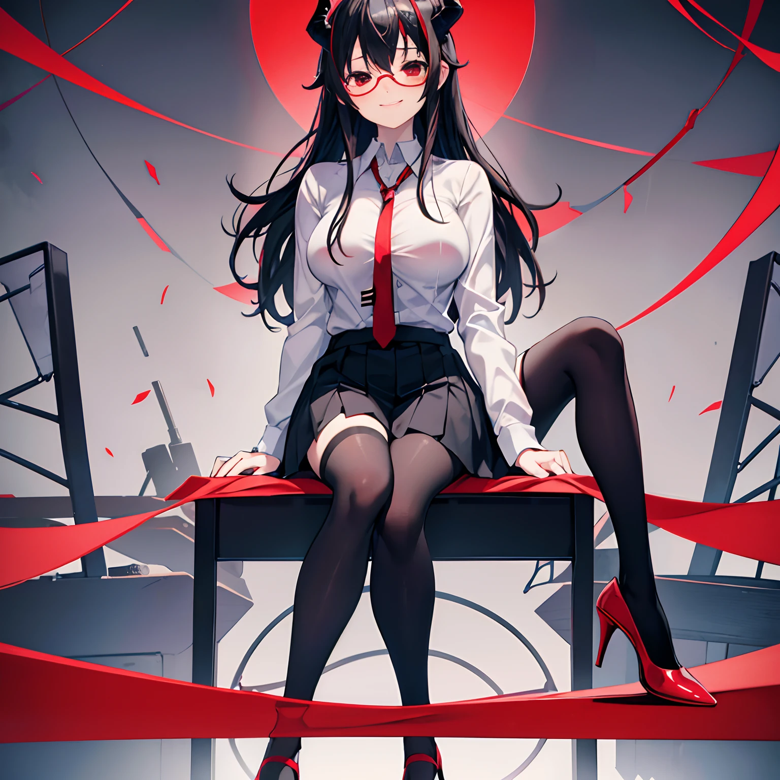 "anime girl, 1 person, black hair, red eyes, glasses, horns, wearing women's shirt, tie, school clothes, big breasts, tights, high heels, sitting cross-legged, blushing, smiling, bottom view, (full HD 4K+ image)"