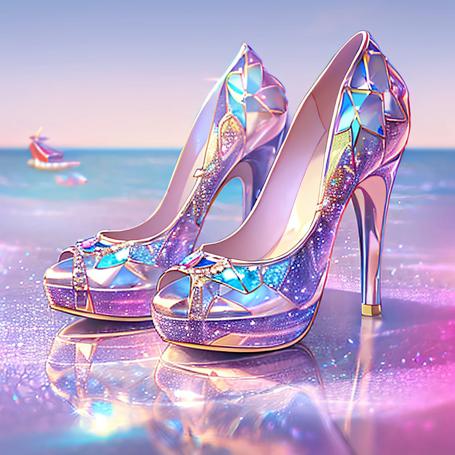 A pair of high heels,without humans,(Top resolution:1.5), (Top image quality:1.5), Close-up of a pair of shoes on a shiny surface, slightly holographic, fairy tale style background, made in adobe illustrator, Magical items, holograph, illustration!, Pink high heels, Crystal heels, (The background is the seaside:1.6)