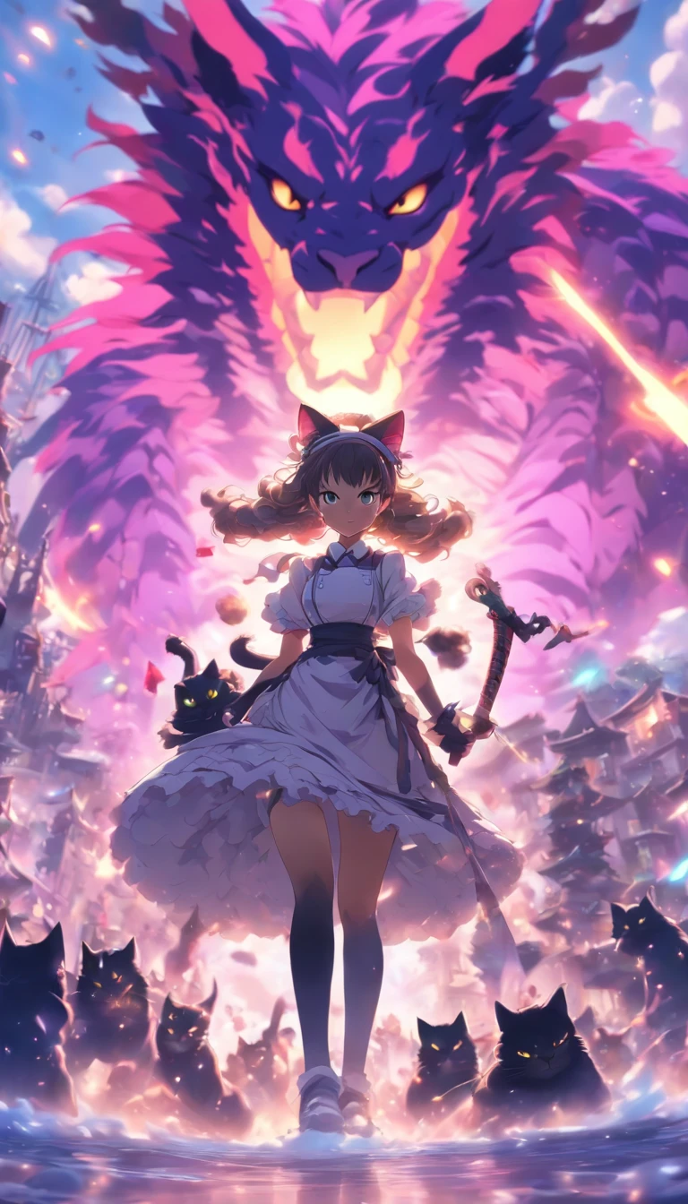 Japanese style, medium view, ((cat ear girl standing, maid outfit)), sword fight in front of giant dragon, fleeing dragon, long messy hair, glow effect, ultra realistic, ultra photorealistic, monochrome ink style, purple, bleaching, dirt, ink, 8K, super fine, high quality, OC renderer.