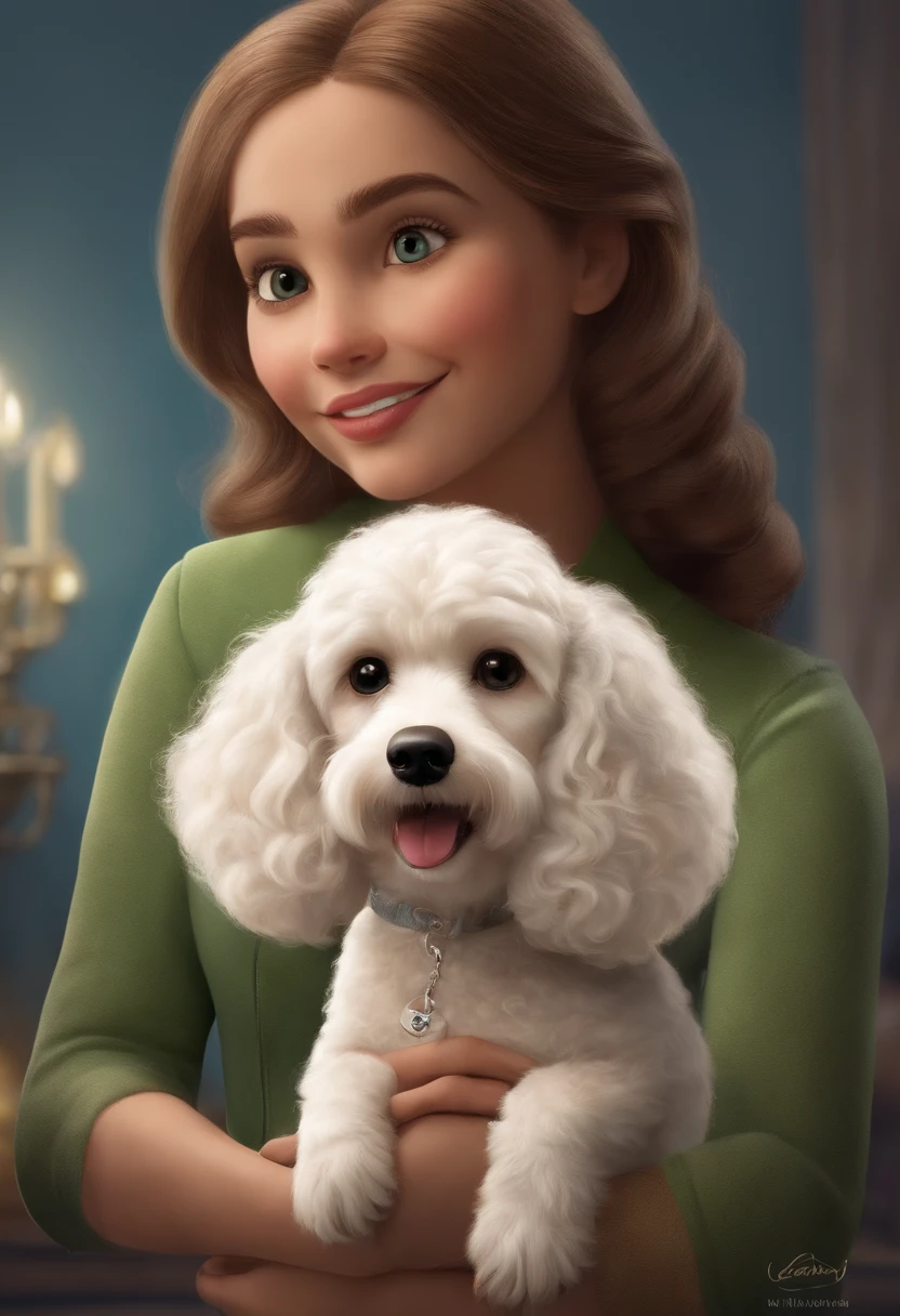 Create a poster inspired by Disney Pixar movies, apresentando uma menina de altura mediana com cabelos castanhos claros, cabelos cacheados e longos, Full lips and green eyes and silly face together with white poodle puppy girl, cachorrinho de pele bem cuidada com dentes caninos afiados e pontiagudos brincando. The poster is titled "Isabelle" Digital art should be in Pixar style, reminiscent of an animated feature.