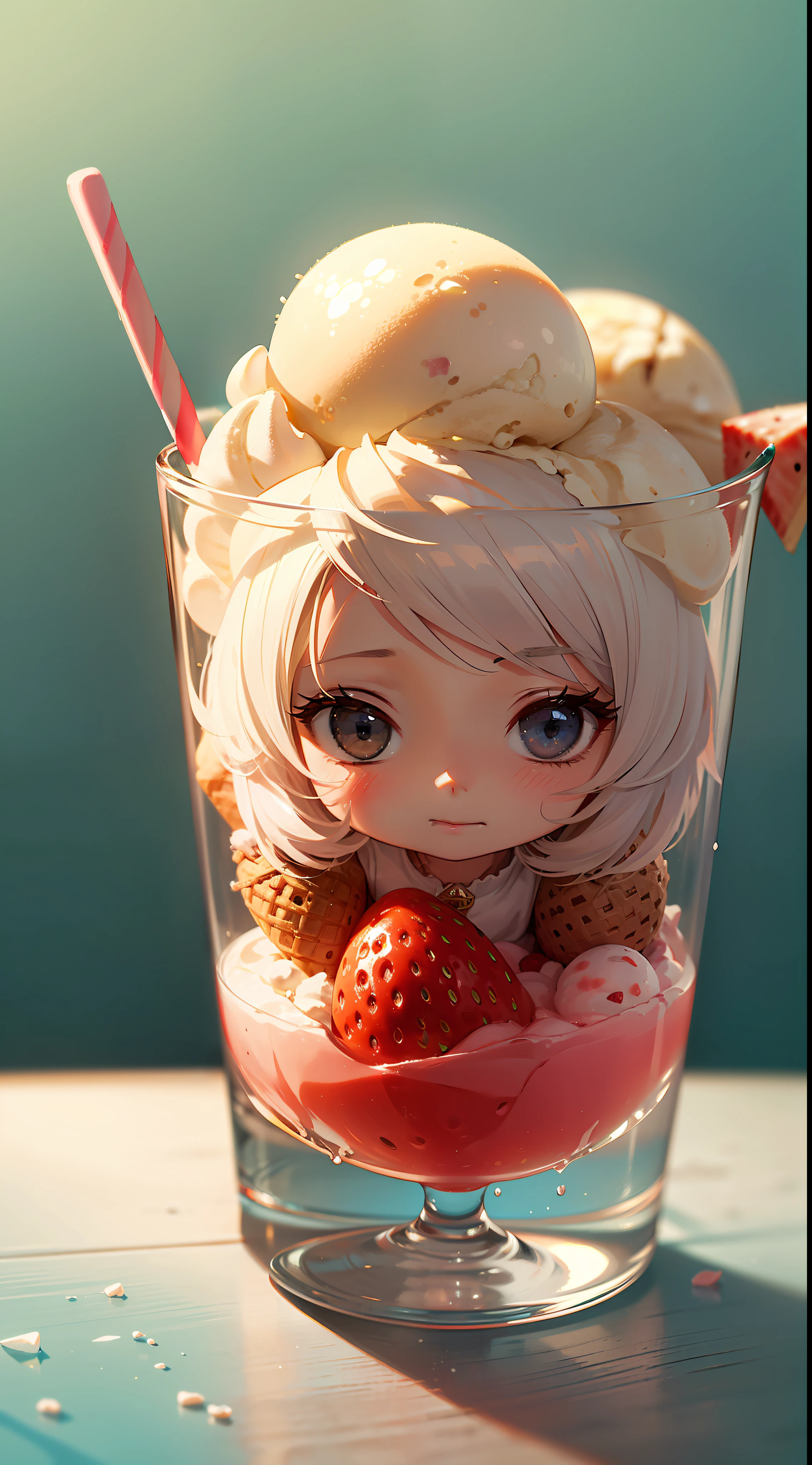 (chibi:1.3), (Romantic:1.3) (((masterpiece))),(((best quality))),finely detail,Depth of field,((ultra-detailed)),(highly detailed CG illustration),
raytracing,detailed face,creative glass water bong, cinematic lighting, dmt art style, dramatic environment,
fruit,food focus,(a white chibi cute girl:1.3),(ice cream:1.4),strawberry,((Juice Splash)),(colorful),Gradient background,dynamic angle,((ink splashing)),Pineapple,Strawberry,Watermelon,Blue background,(spill a lot of ice cream from the cup),