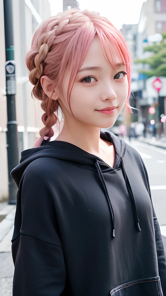 女の子1人、on tokyo street、natta、A city scape、city light、The upper part of the body、up close shot、Blue eyes,Full body,faces、(A smile:1.5)、small tits、Black long-sleeved hoodie、(8K、Raw photography、top-quality、masterpiece:1.2)、(realisitic、photoRealstic:1.37), (Pink hair), Ear Hair, small tits, Single braid, (Single braid), (Side braid)