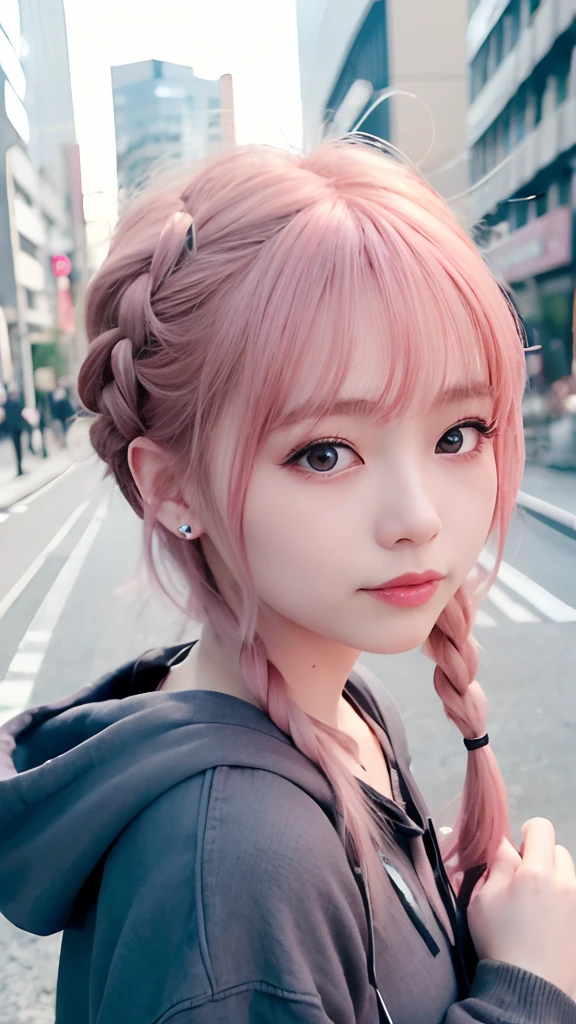 女の子1人、on tokyo street、natta、A city scape、city light、The upper part of the body、up close shot、Blue eyes,Full body,faces、(A smile:1.5)、small tits、Black long-sleeved hoodie、(8K、Raw photography、top-quality、masterpiece:1.2)、(realisitic、photoRealstic:1.37), (Pink hair), Ear Hair, small tits, Single braid, (Single braid), (Side braid)
