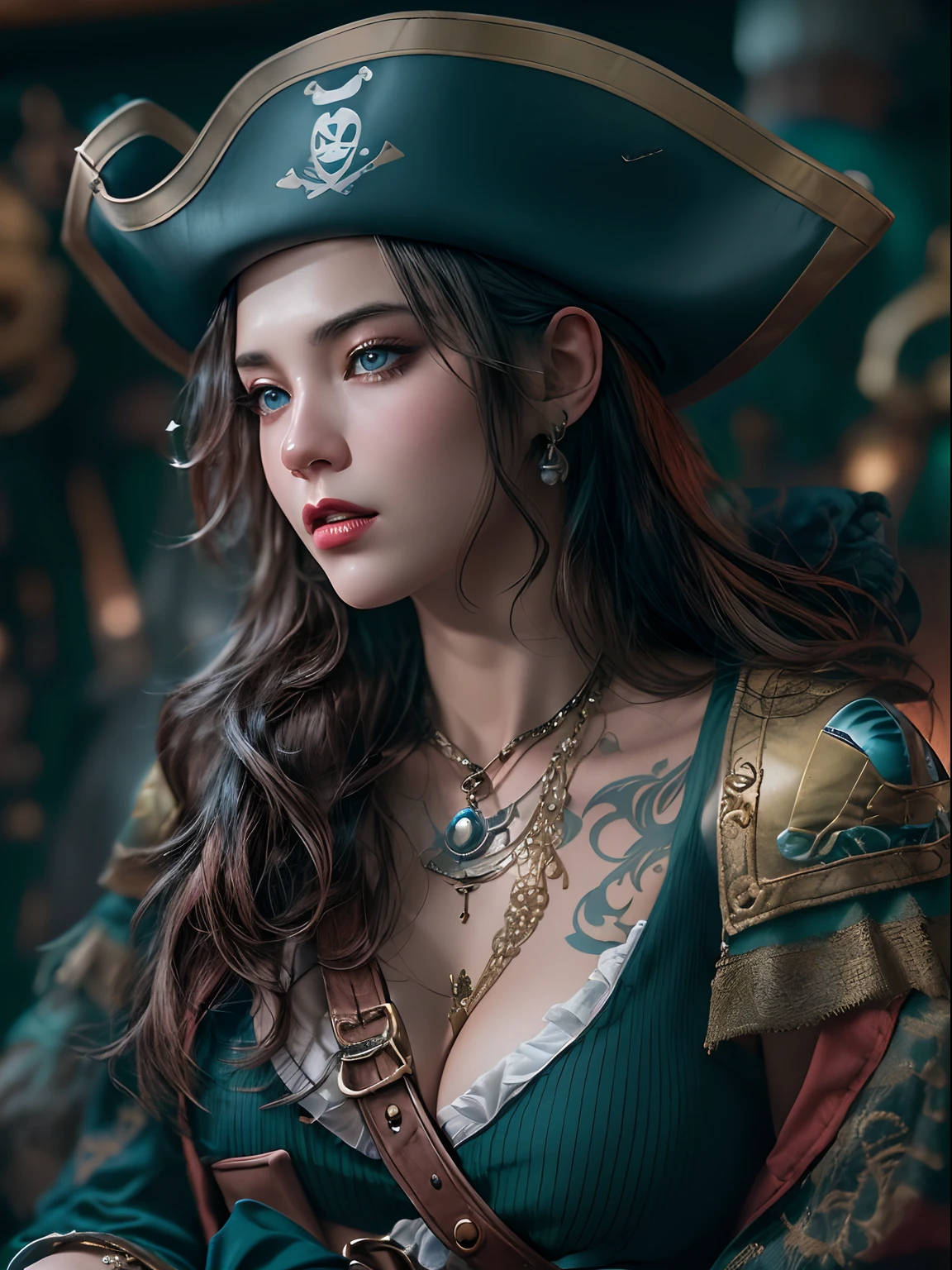 (Masute pieces, An interesting image of a sensual pirate dressed in blue tones is a seductive pirate..:1.3), (Captivating depiction that represents the perfect combination of glamour and adventure..:1.2), (Meticulously crafted to emphasize the character's enchanting charm..:1.2), (Charming pirate in charming pirate costume that emphasizes her figure..:1.1), (Balancing classic pirate elements with a modern touch of sensuality..:1.1), (Her confident and courageous expression is::、Add to her mystical charm..:1.1), (Attention is paid to the details of the set.., From low necks to luxurious accessories..:1.1), (The background captures the essence of the pirate world.., With treasures and adventure tips:1.1), (While embracing sensuality..、Sensual portrayal, interest and adventure.:1.1), (The combination of attractive aesthetics and the spirit of piracy is、Create visually appealing elements:1.1), (This image inspires viewers to imagine the story and escape of this charming pirate character..:1.1), (A work of art that celebrates both imagination and glamour in a vibrant and captivating way..:1.1), (An invitation to embrace the charm of the high seas and the enchanting world of seductive pirates..:1.1)), motion picture, ultra-detail, insane details, Beautifully graded colours, unreal engine, Degrees of Freedom, Hypercypete, Megapixels, Weight loss in the cinema, Anti-Aliasing, FKA, NBTC.., EGAT.., S., Post Processing, Post productions, Tone mapping, ...CGI, VFX, Tokusatsu, detailed and intricate, Hypermaxim, Hyper-Realistic, volumetric, photorealistic portrait, ultra photoreal, ultra-detail, intricate detailed, Super Detailed, Full color, Volumetric lightning, EGAT.., Realistic, unreal engine, 11, crisp focus, octanerender