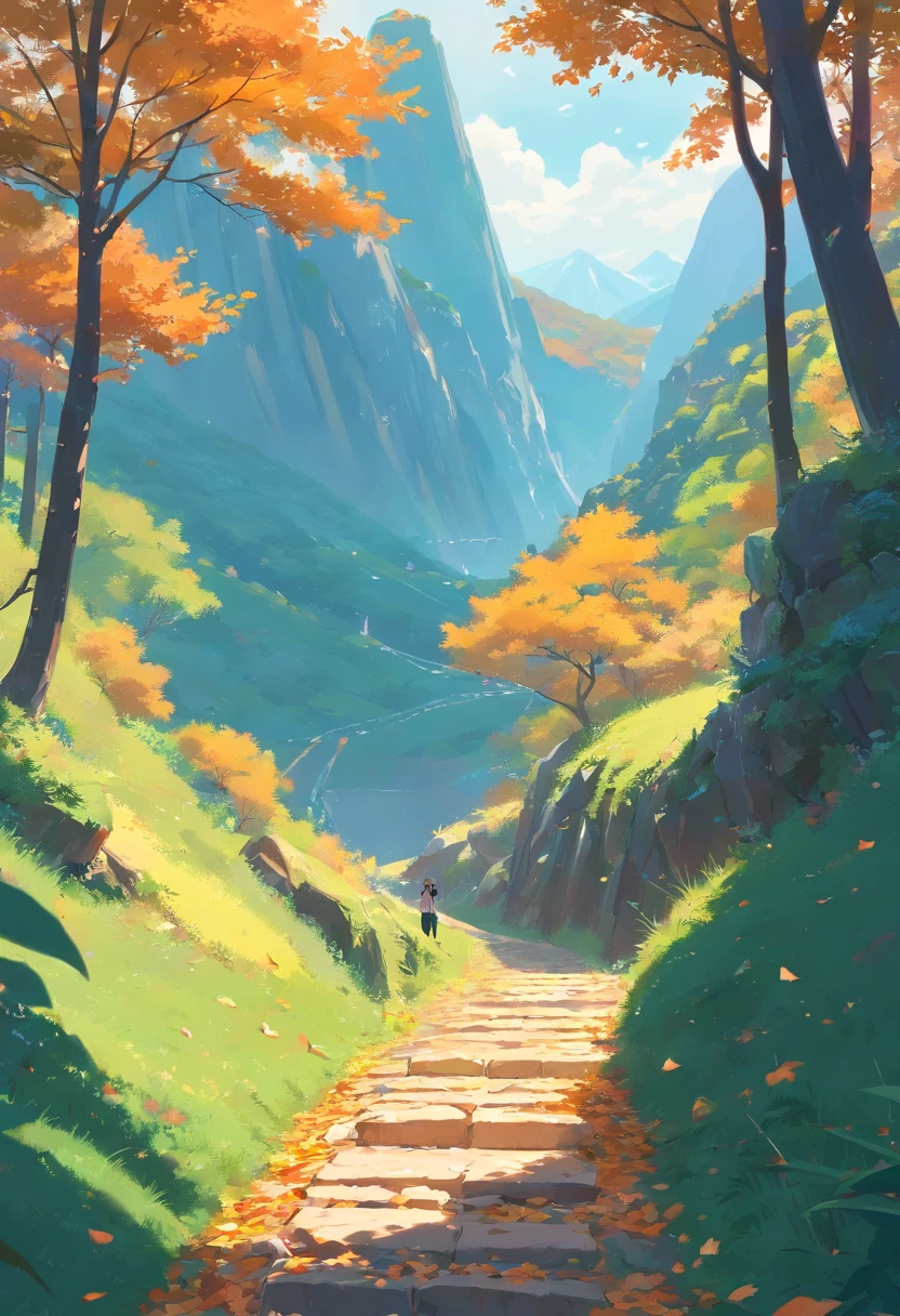 Fallen leaves on a mountain path, atey ghailan 8 k, inspired by sylvain sarrailh, Makoto Shinkai Cyril Rolando, Concept art wallpaper 4K, digital painting concept art, cyril rolando and goro fujita, Inspired by Atey ghailan