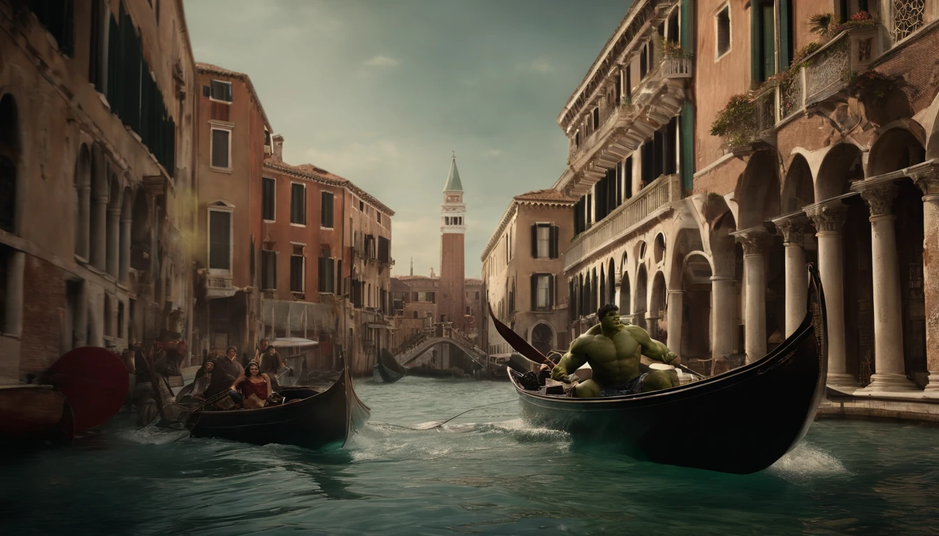 realista, Personalidade: [Illustrate a large photo of Hulk and Wonder Woman about to board a gondola on the canals of Venice. The peaceful, serene atmosphere is broken as the water beneath them churns and foams. A huge mechanical sea serpent erupts from the water, piloted by a villain from another dimension. The scene should convey a sense of surprise and imminent danger.] Motor irreal, hiper real --q 2 --v 5.2 --AR 16:9