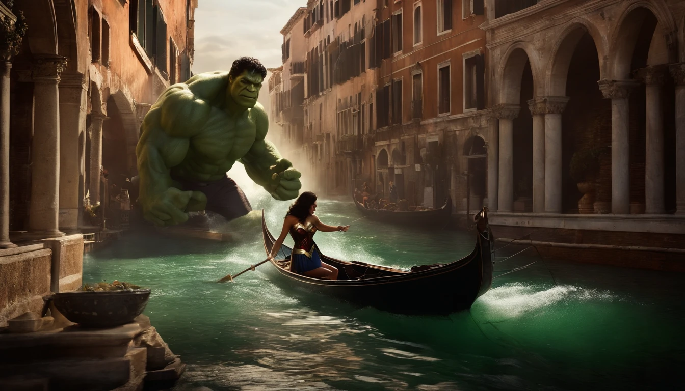 realista, Personalidade: [Illustrate a large photo of Hulk and Wonder Woman about to board a gondola on the canals of Venice. The peaceful, serene atmosphere is broken as the water beneath them churns and foams. A huge mechanical sea serpent erupts from the water, piloted by a villain from another dimension. The scene should convey a sense of surprise and imminent danger.] Motor irreal, hiper real --q 2 --v 5.2 --AR 16:9