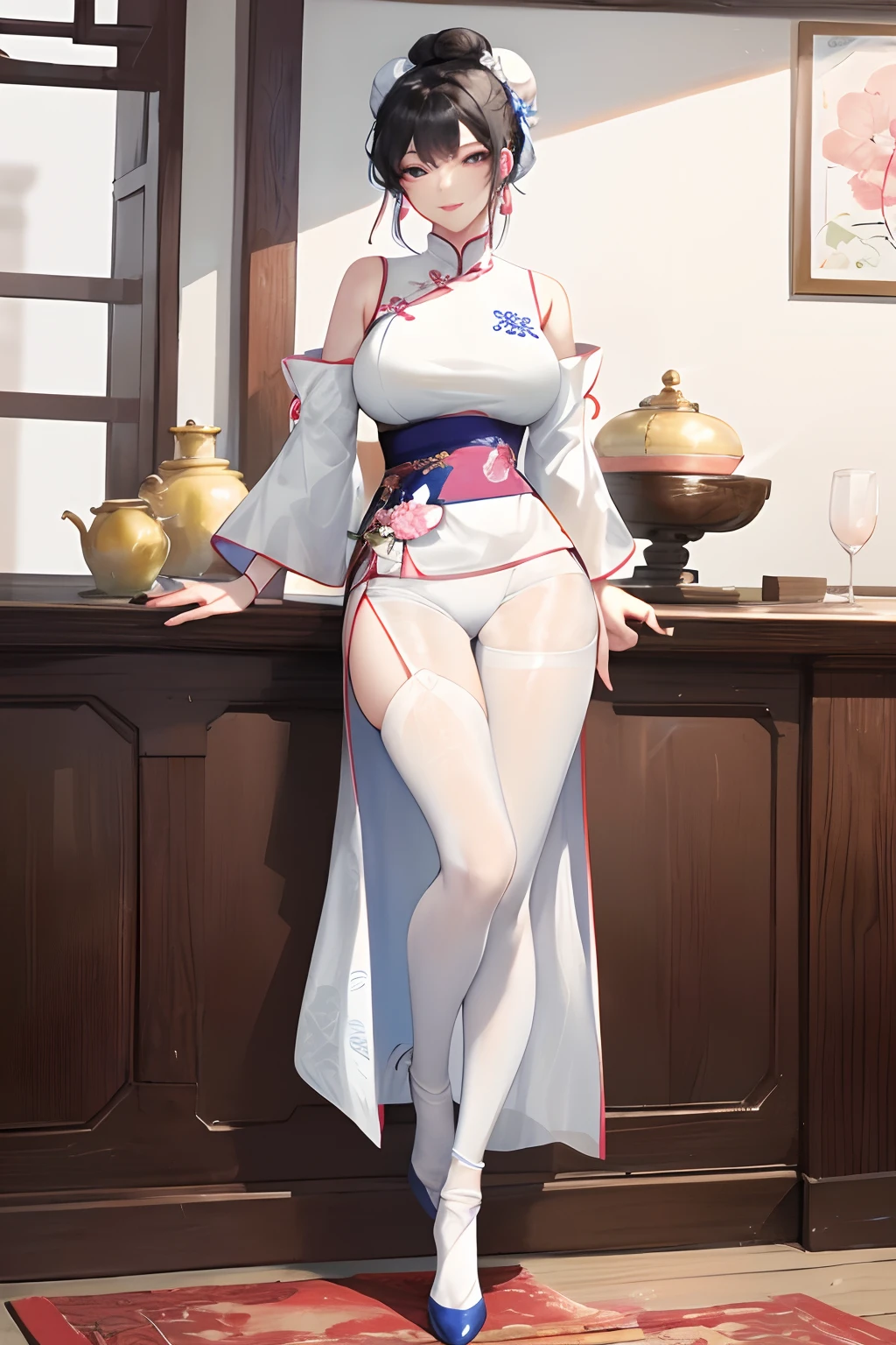 Masterpiece, best, 1 woman, blue cheongsam, mature woman, full body photo, ancient Chinese style, black hair, shoulders, big breasts, smile, white cloth bun bun, white pantyhose lace, white underwear, pale pink lips, embroidery Clothes