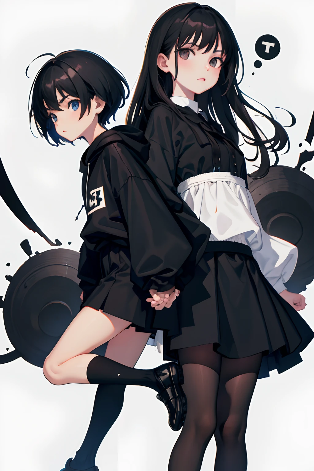 (Two ),(masterpiece,Highest Quality),Black short-sleeved hoodie,skirt by the,Lolita clothes,A dark-haired,Spy