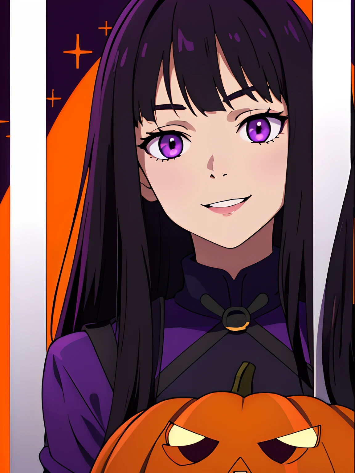 Halloween Backgrounds、smil、(​masterpiece、top-quality:1.2)、((facing front:1.2))、Young woman at 17 years old、bangss、A dark-haired、Longhaire、Purple eyes、((The upper part of the body:1.2))、Promotional Art、offcial art、Halloween Costumes、bangss、A dark-haired、Longhaire、Purple eyes