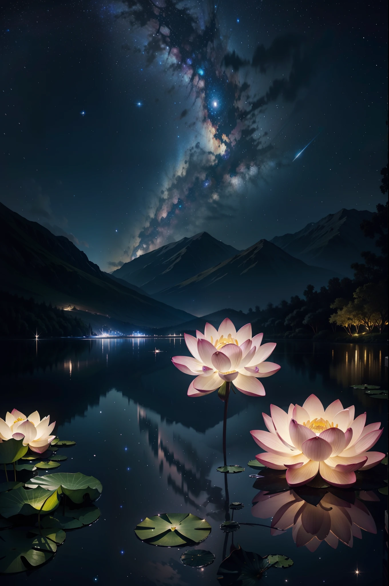 Best quality, Masterpiece, (Realistic:1.2), lotus flower, Glowing, In the night sky, Full of stars, The is very detailed, Ultra-high resolution, Ultra-high quality,