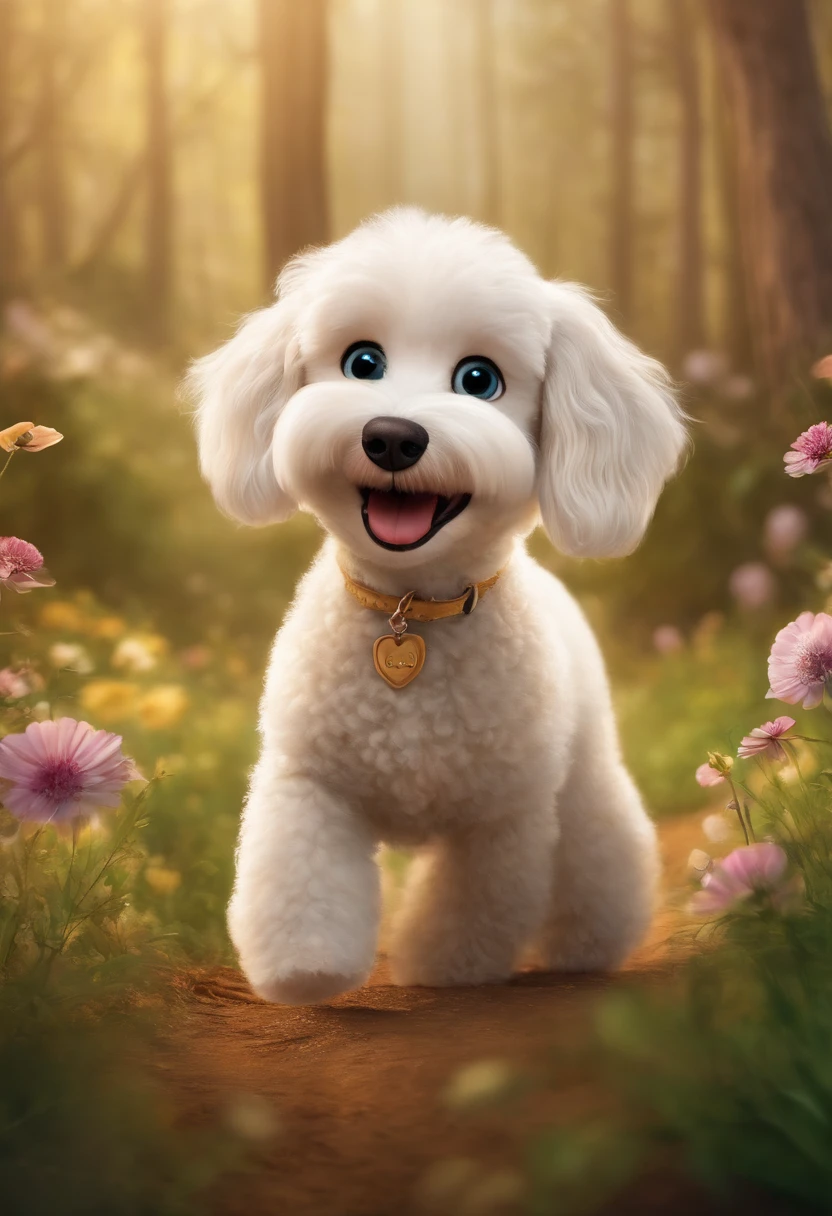 Create a poster inspired by Disney Pixar movies, apresentando uma menina de altura mediana com cabelos castanhos claros, cabelos cacheados e longos, Full lips and green eyes and silly face together with white poodle puppy girl, cachorrinho de pele bem cuidada com dentes caninos afiados e pontiagudos brincando. The poster is titled "Isabelle" A arte digital deve ser no estilo da Pixar, reminiscent of an animated feature.