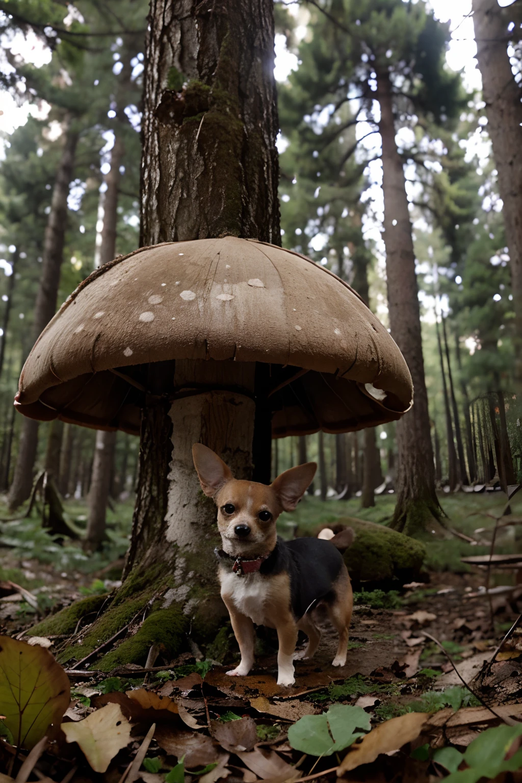 Chihuahua under mushroom in the forest