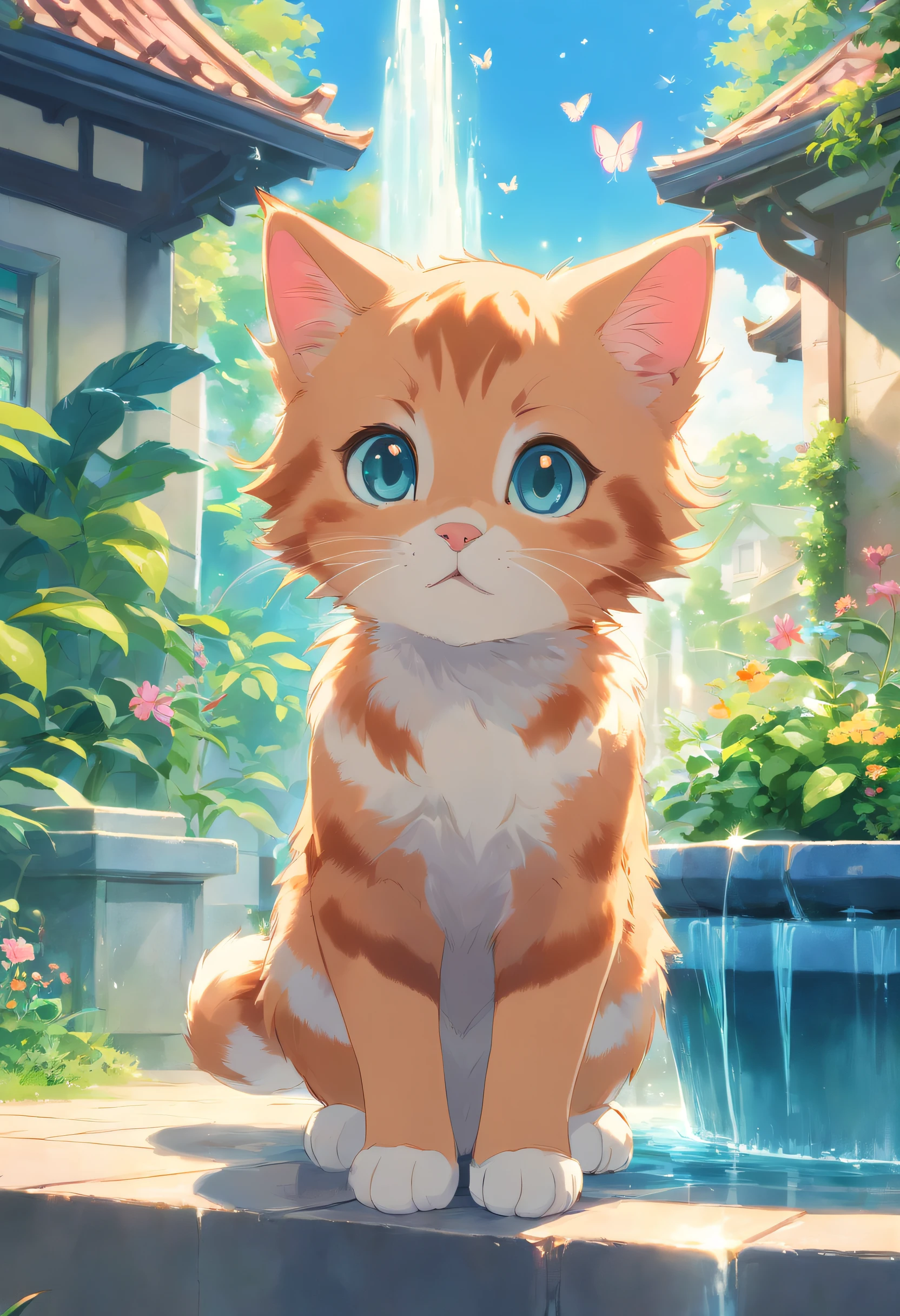 A round-eyed cute kitten, Garden fountain, butterfly, Distant houses, mirror effect