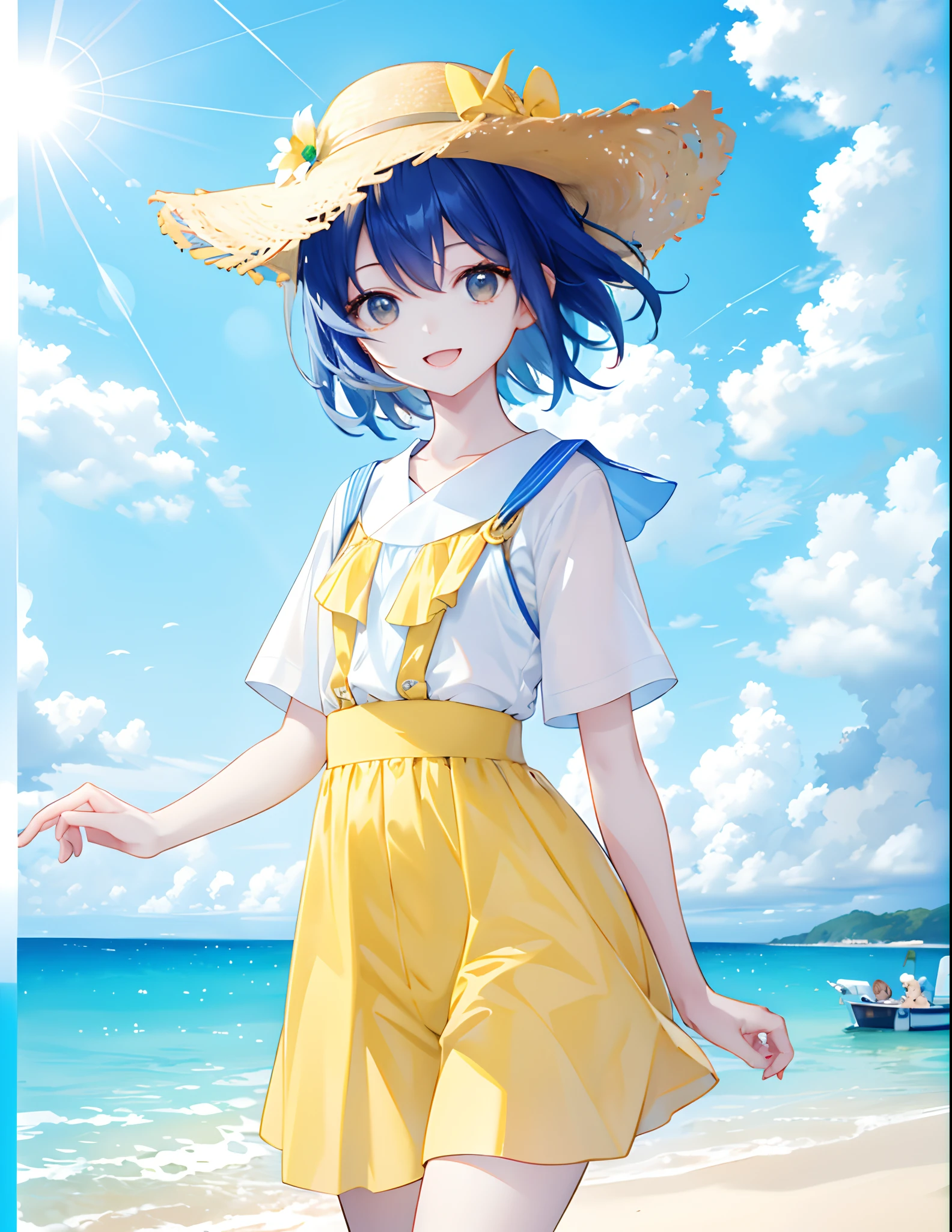 the morning sun、Top image quality、short-cut、boyish、girl with、cute little、a smile、Mare、with light glowing、Yellow clothes