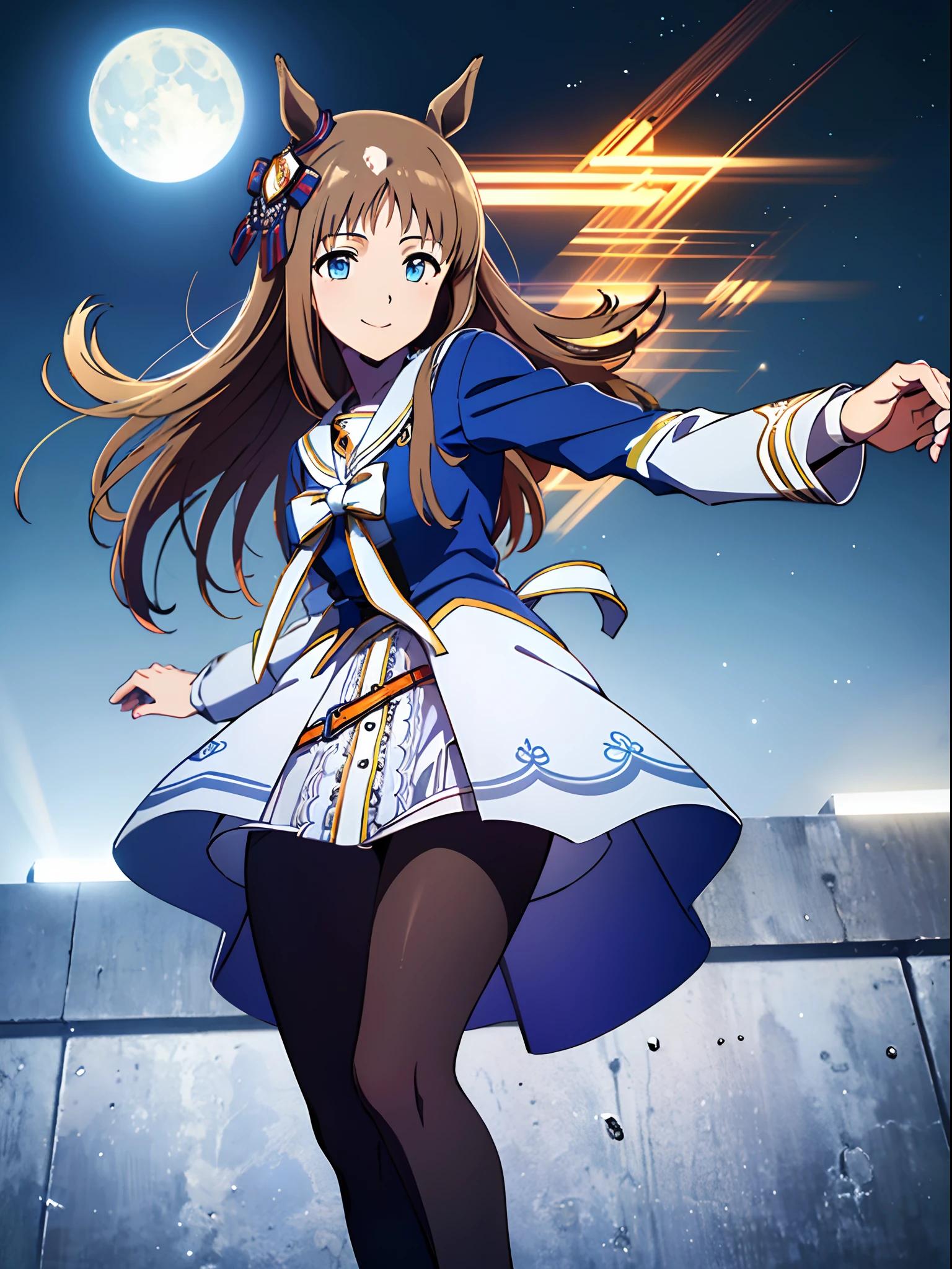 grass wonder \(Umamusume\), 1 girl, Solo, Best Quality, masterpiece, 8K, High resolution, Ultra-detailed, dancing, (((Cinematic Angle))), light smile, Blue jacket, White sailor color, Long sleeves, White skirt, Black pantyhose, large blue moon, moon night,