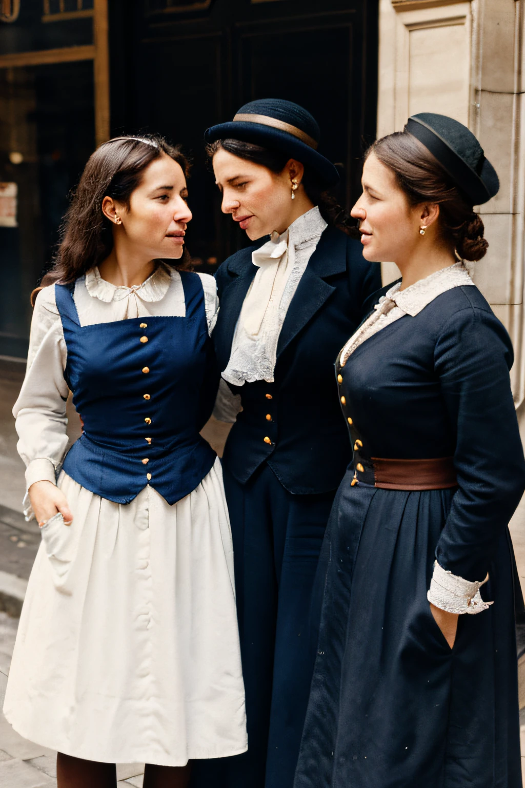 a group of women crying in the street, 19 century outfit, parisian street in 19 century