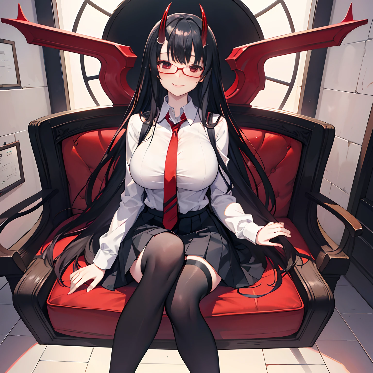 "anime girl, 1 person, black hair, red eyes, glasses, horns, wearing women's shirt, tie, school clothes, big breasts, tights, high heels, sitting cross-legged, blushing, smiling, bottom view, (full HD 4K+ image)"