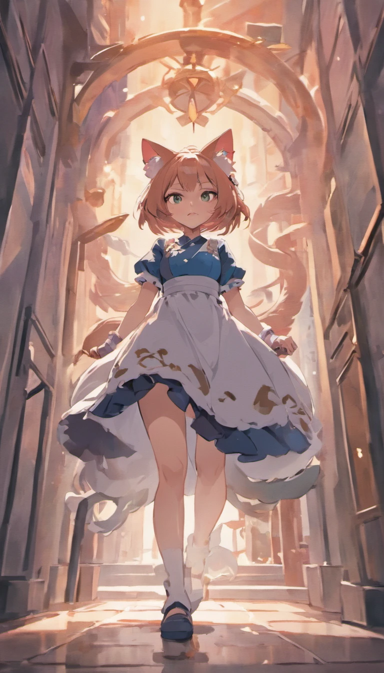 Japanese style, medium view, ((cat ear girl standing, maid outfit)), sword fight in front of giant dragon, fleeing dragon, long messy hair, glow effect, ultra realistic, ultra photorealistic, monochrome ink style, purple, bleaching, dirt, ink, 8K, super fine, high quality, OC renderer.