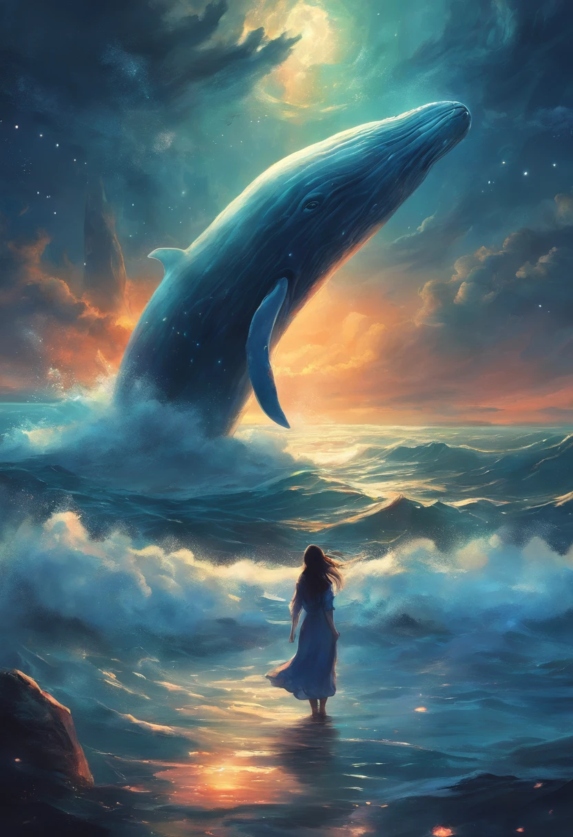 The night sky is actually the sea、A fantastic sight with a giant white whale soaring。Lots of glowing fish around the whale。A girl is clinging to the back of a whale。