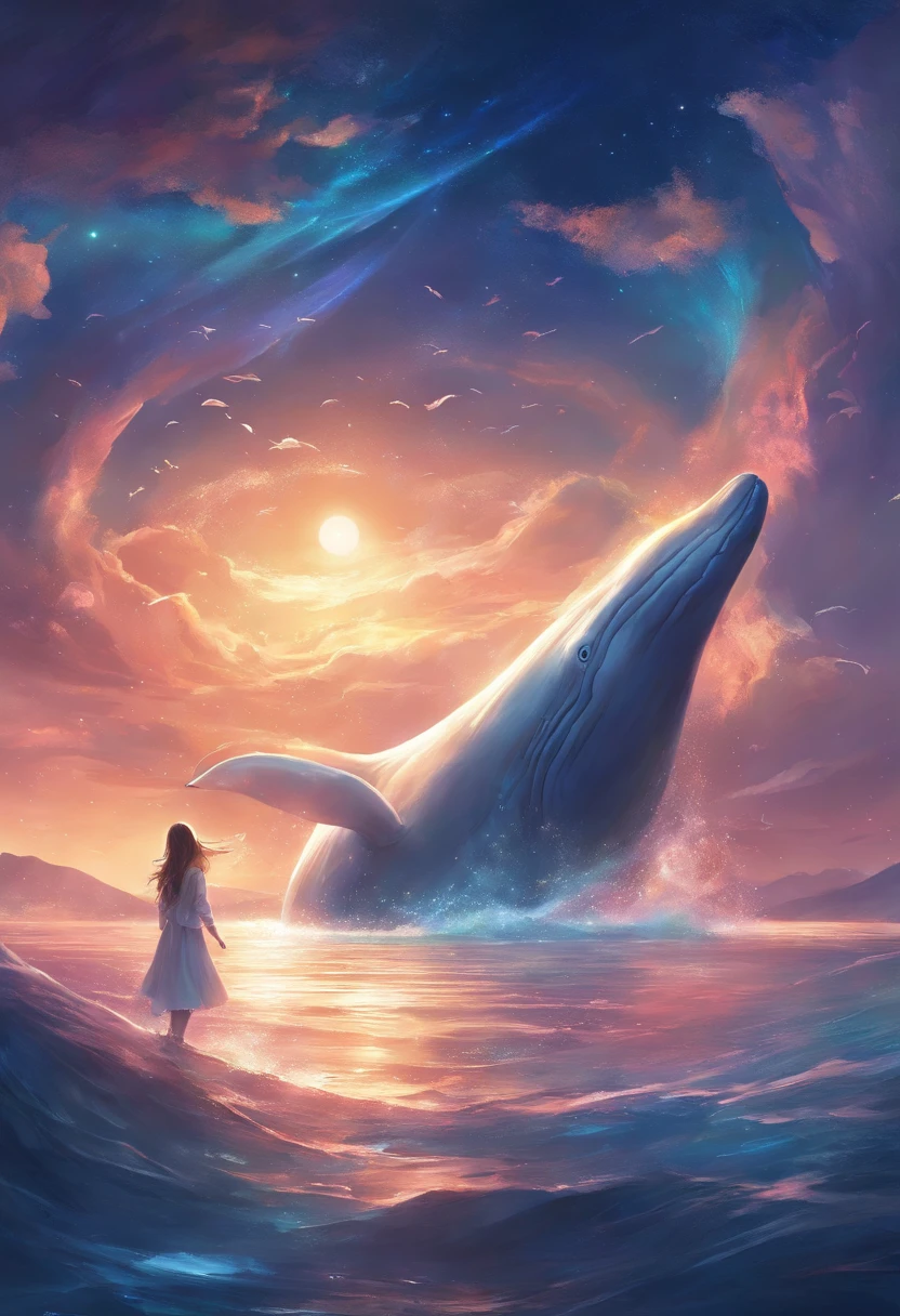 The night sky is actually the sea、A fantastic sight with a giant white whale soaring。Lots of glowing fish around the whale。A girl is clinging to the back of a whale。