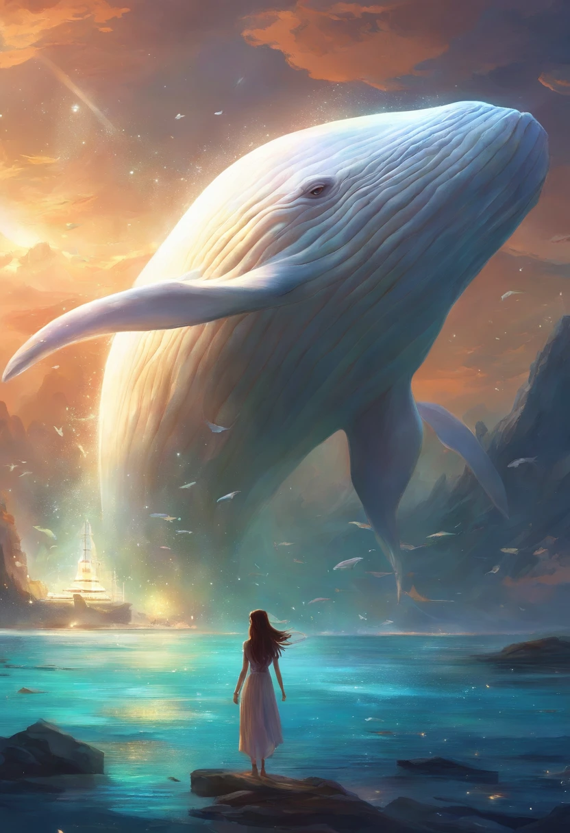 The night sky is actually the sea、A fantastic sight with a giant white whale soaring。Lots of glowing fish around the whale。A girl is clinging to the back of a whale。