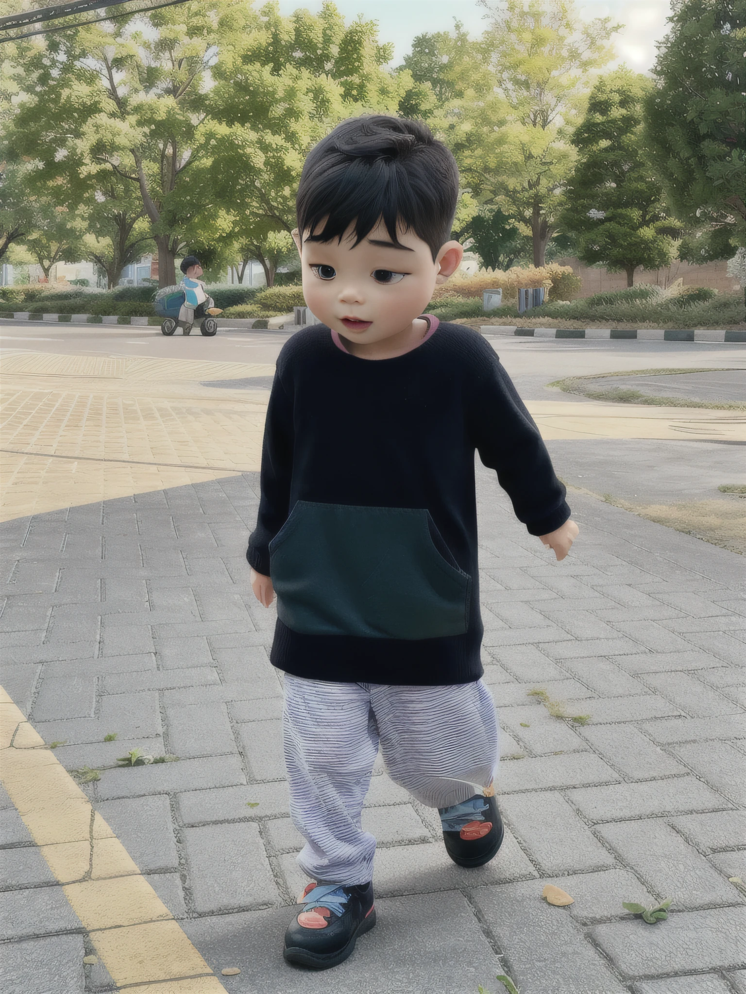 there is a young boy that is walking on a sidewalk, inspired by Abidin Dino, reyyan, 2 , katelynn mini cute style, cute:2, 😭 🤮 💕 🎀, ayan nag, walking boy, little kid by Ni Duan, toddler, jia, a hanome, with hands in pockets