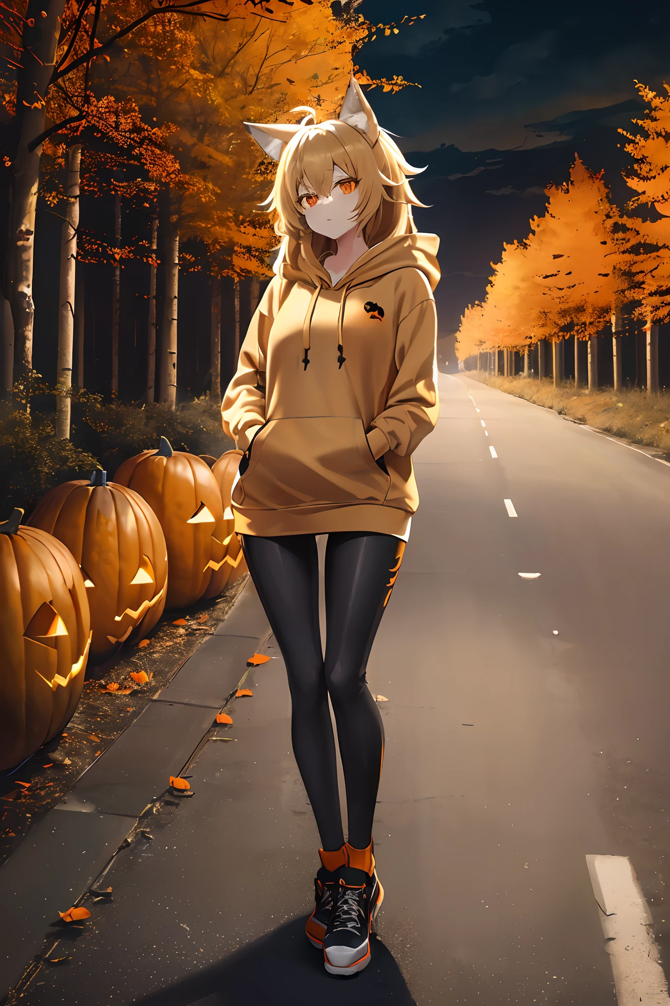 1girl, (tall fit girl:1.3), (long messy beige hair:1.2), wolf ears, orange eyes, small breasts, masterpiece, (full body:1.2), (black hoodie, leggins:1.2), sneakers,  (dark, night, horror:1.3), (halloween forest:1.3), paved path, sky, trees, clouds,