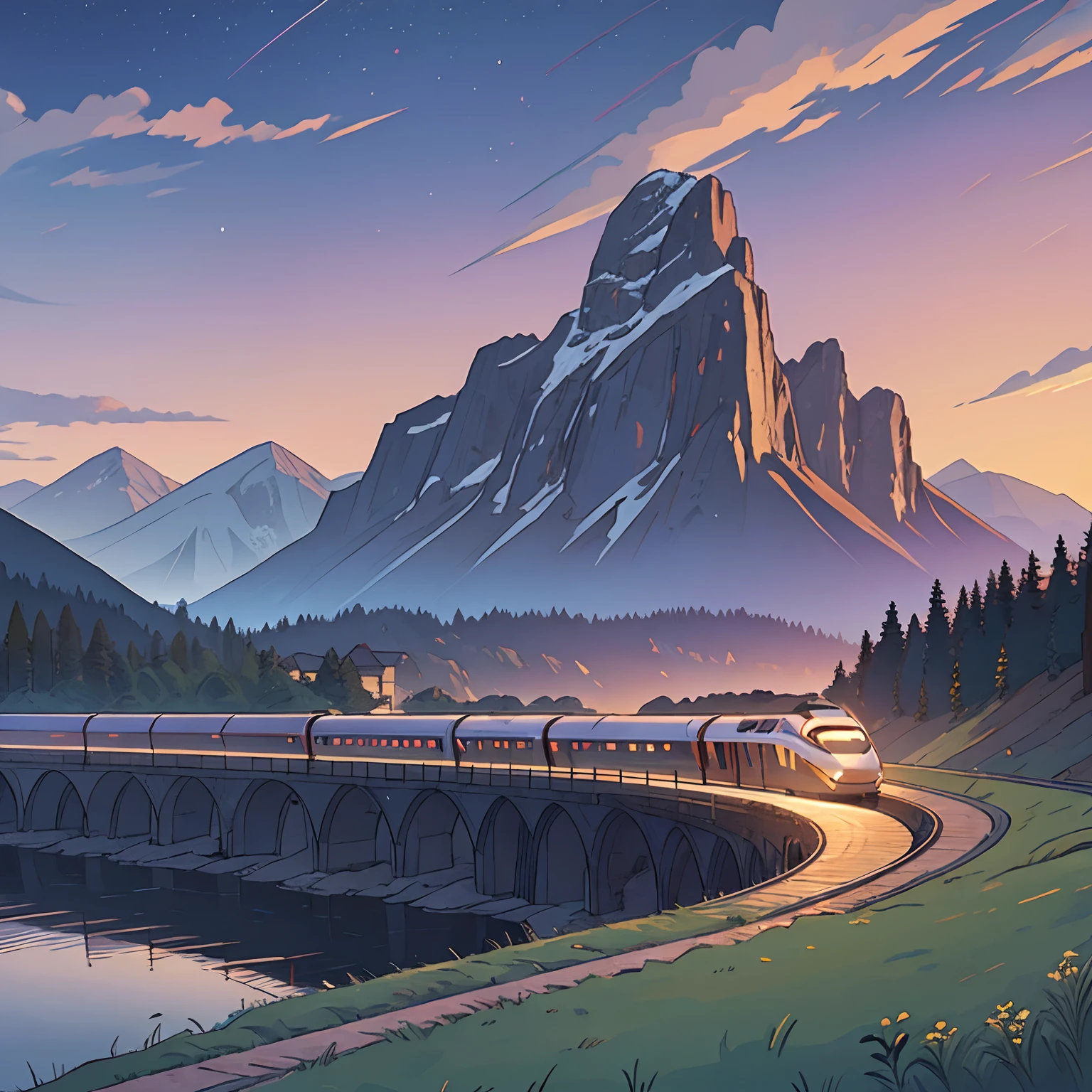 High-speed train, distant lake, mountain background, twilight,