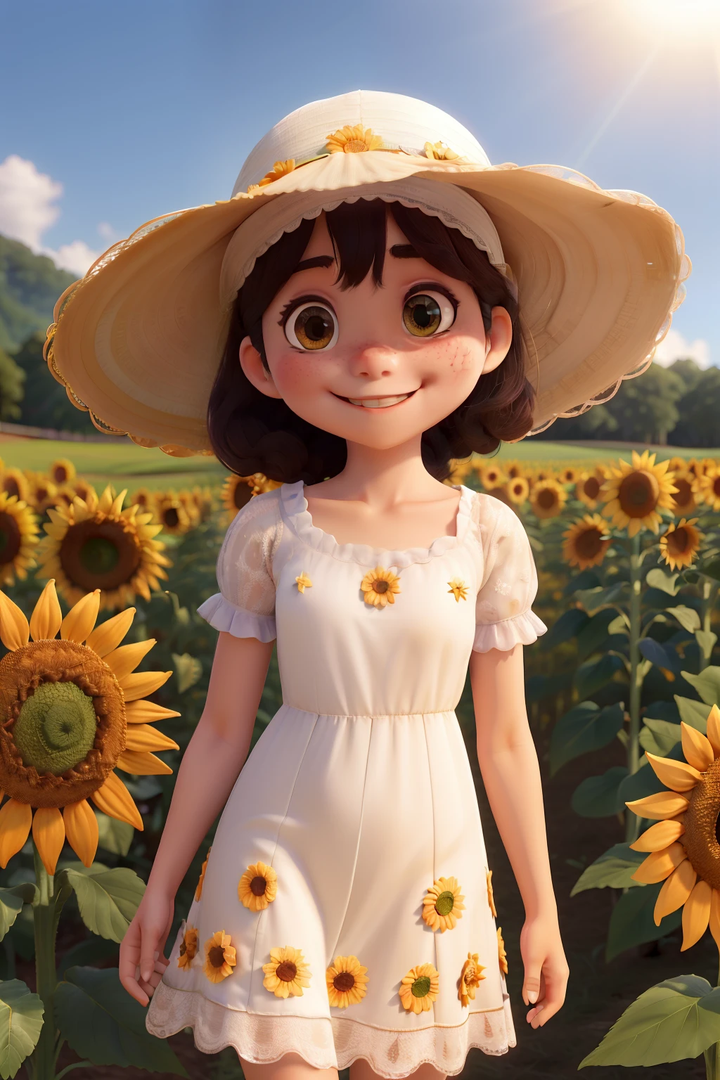 Fuwa Aika,1girl,sozinho, (vestido de renda branco:1.2),Flowing dress (sun visor hat:1.2), field of sunflowers, Sob a luz do sol, Sorriso leve,Olhando para o Viewer, vento, Dynamic, luz e sombra fortes,dynamic pose,