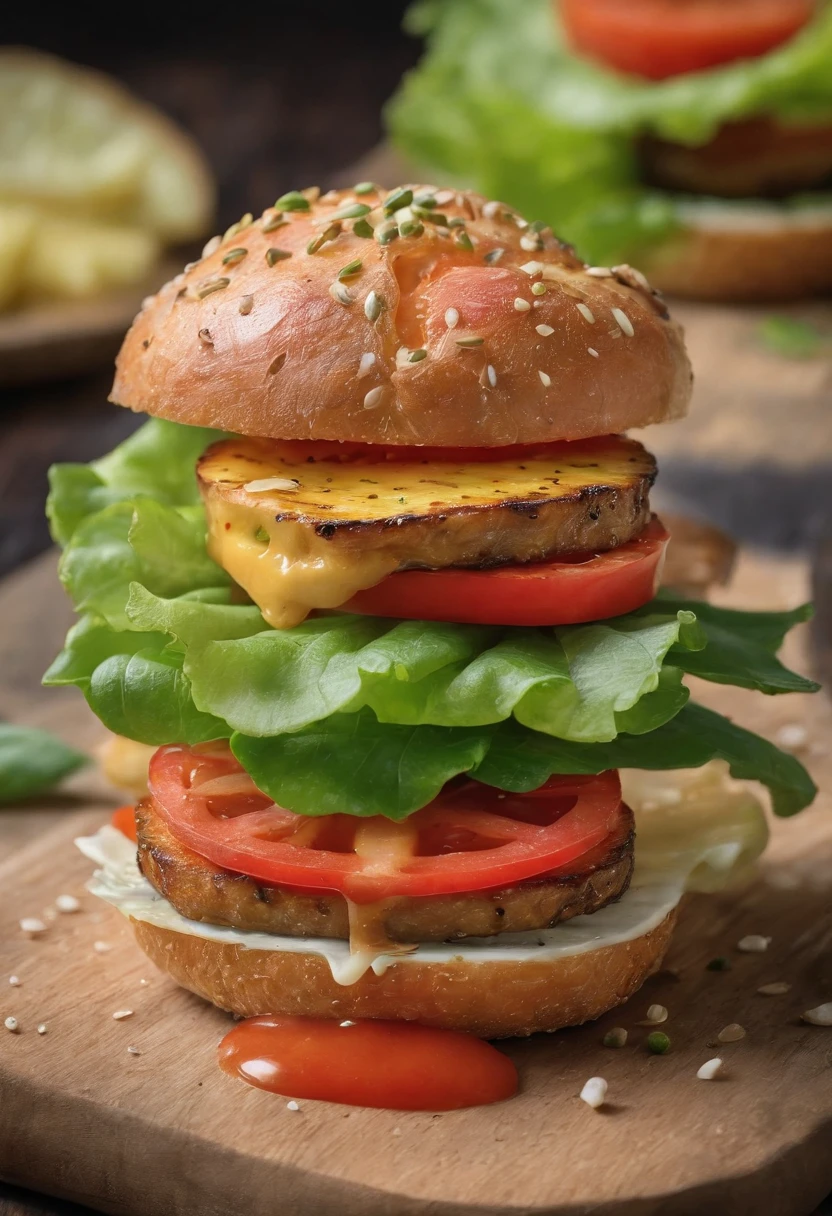 (best quality,4k,8k,highres,masterpiece:1.2),ultra-detailed,(realistic,photorealistic,photo-realistic:1.37),colorful, vibrant, rich,dynamic, tantalizing, delicious, gourmet, juicy, mouth-watering, flavorful, appetizing, irresistible, scrumptious, brioche bun, perfectly toasted, sesame seeds, melted cheese, sizzling grilled beef patty, succulent tomato slices, crisp lettuce leaves, savory caramelized onion, tangy pickles, creamy mayo, flavorful ketchup, spicy mustard, perfectly charred grill marks, professional food styling, natural lighting, vibrant colors, enticing composition, close-up shot, shallow depth of field, appetizing aroma, artistic presentation, appealing texture, high contrast, impeccable detail, mouthwatering centerpiece, scrumptious dish, mouth-watering treat, food photography masterpiece, gastronomic experience.