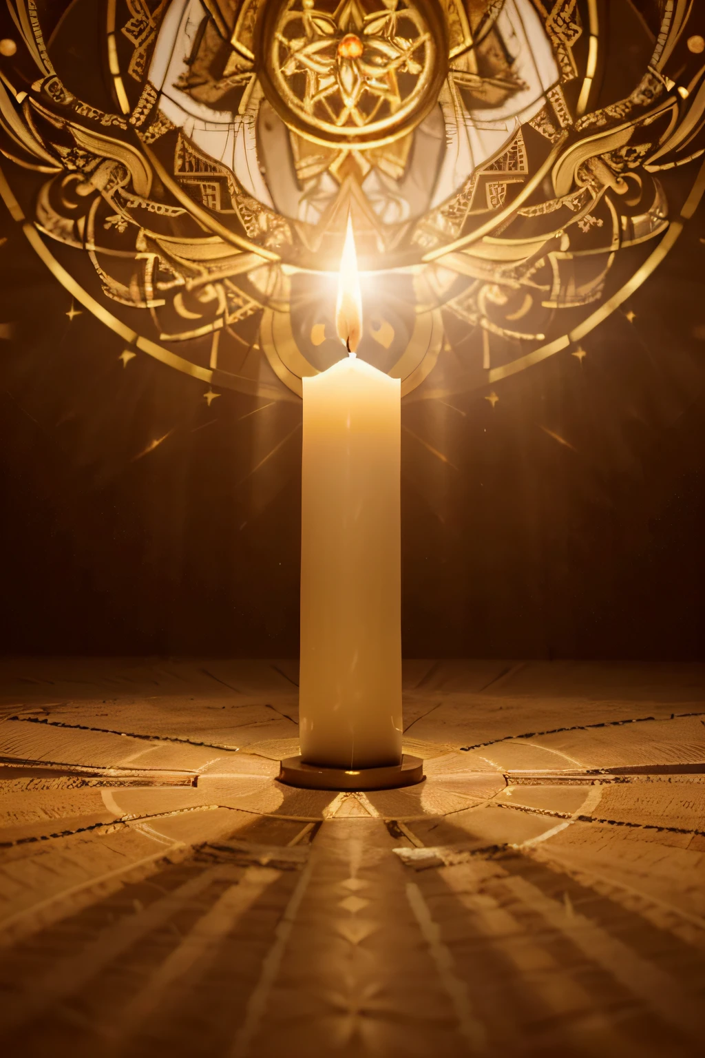 Create a scene where a sacred environment is illuminated by lit candles arranged around a representation of a deity. At the center of the composition, there is a statue, painting, or symbolism representing the divine. The light emitted by the candles creates a serene and mystical ambiance, highlighting the sacred atmosphere of the space. The representation of the deity can vary according to different religious beliefs, ranging from angelic figures to abstract symbolic representations. Focus on the aura of peace and transcendence that the scene evokes, emphasizing the spiritual significance and divine luminosity generated by the candles. Feel free to play with shadows, warm tones, and a sense of reverence and spiritual connection.