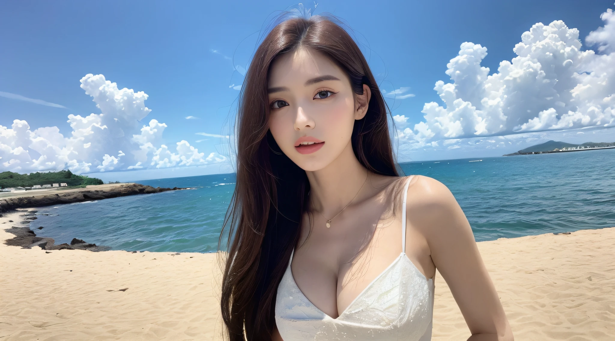 (22 year old female), (big breasts:1.3),  ((grab the viewer&#39;s hand)), Sandy beaches in Hawaii、Island in the background、White Silk Micro Bikini、Lying at the water's edge、On a towel、(master piece: 1.3), (maximum resolution: 1.4), (ultra high vision: 1.2), cinematic light, ultra high vision, (fine eyes and skin), (detailed facial features),look at the camera、very beautiful face、 nffsw, 8K resolution, perfect style, beautiful expression、Highly detailed face and skin texture、detailed eye、double eyelid、eye shadow:1.2、glitter eyeliner:1.2、thin cheeks、shiny skin、(pure white skin:1.4)、small shiny necklace and earrings,glossy lips:1.2、((full body shot:1.2))、((from a very intimate distance:1.2))、(straight hairstyle、light brown hair)、medium long hair、(ask for a kiss:1.2)