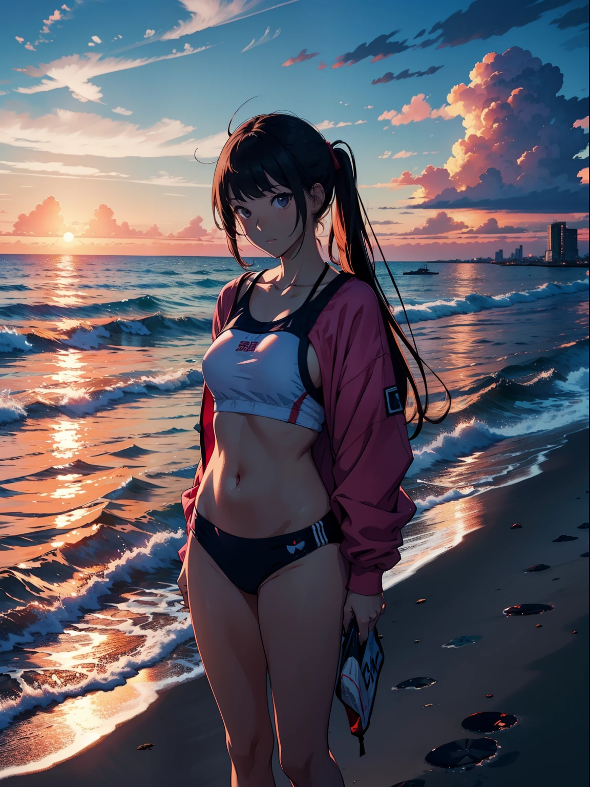 masutepiece, High quality, girl, Big clothes, swim wears, Comfortable clothing, Night, Sunset, Unpopular beaches, Distracting and messing with something,