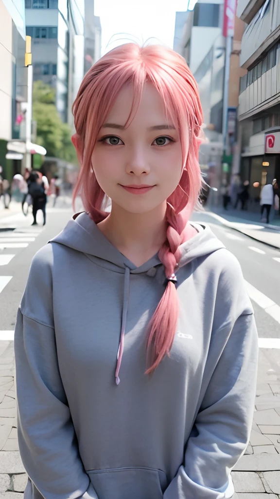 1人、on tokyo street、natta、A city scape、city light、The upper part of the body、up close shot、Blue eyes,Full body,faces、(A smile:1.5)、small tits、Black long-sleeved hoodie、(8K、Raw photography、top-quality、masterpiece:1.2)、(realisitic、photoRealstic:1.37), (Pink hair), Ear Hair, small tits, Single braid, (Single braid), (Side braid)