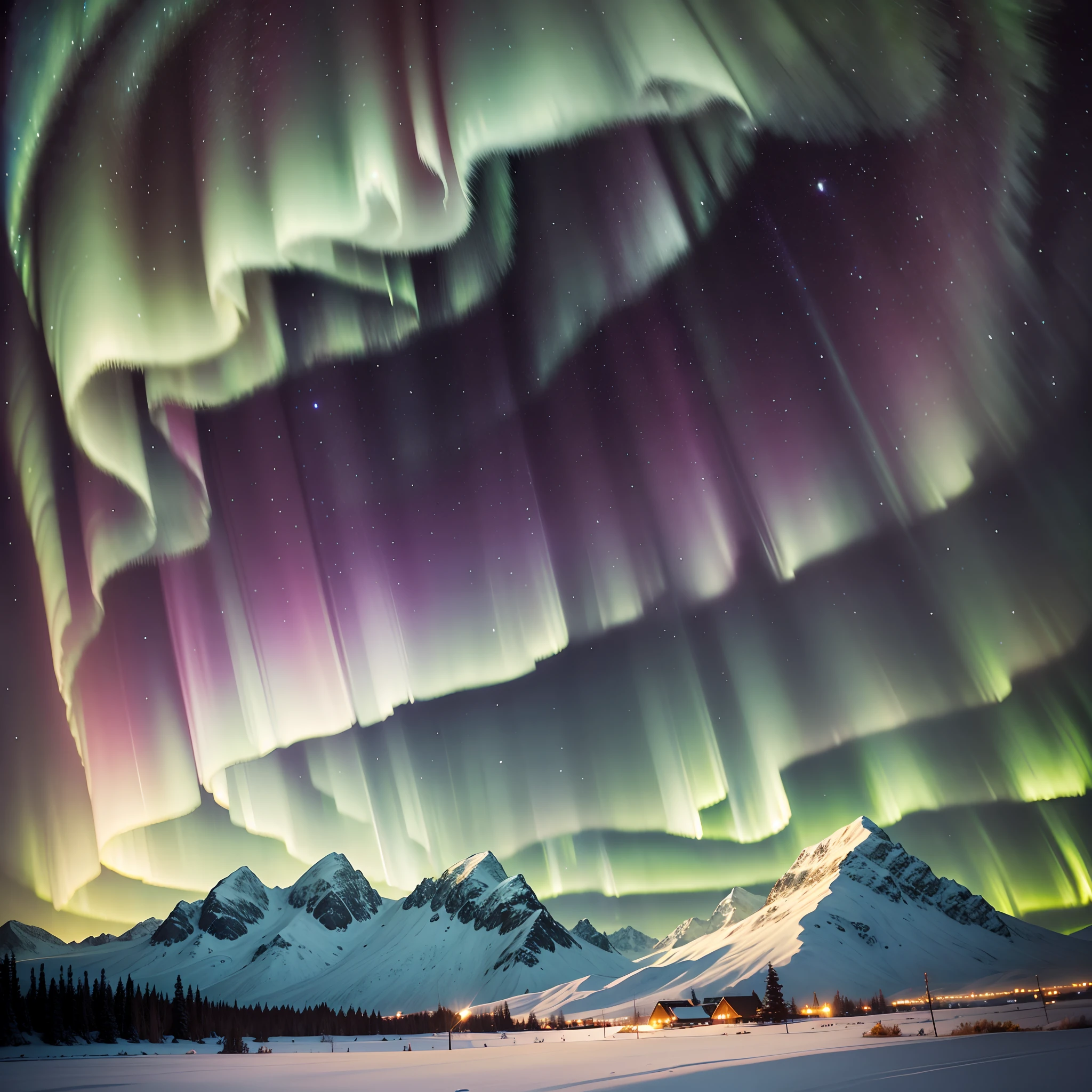 tmasterpiece，the night，extreme light，Beautiful aurora，In the background are winding mountains in the distance