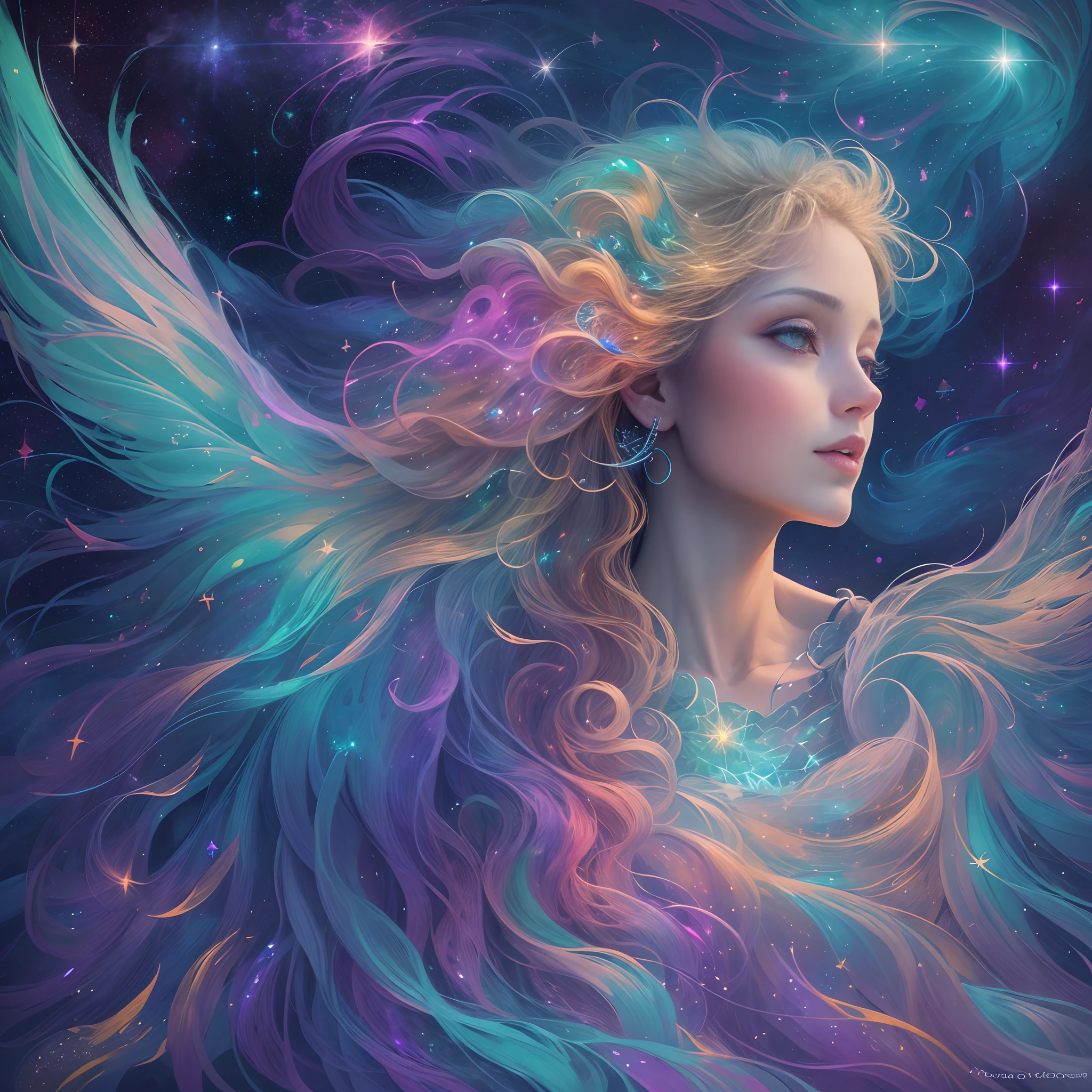 Best quality,Ultra-detailed,(aurora borealis),Angel image,otherworldly beauty,Night sky,Vibrant colors,luminouslighting,Ethereal atmosphere,Um ser celestial,glittering stars,cosmic energy,Extraordinary artistry,Heavenly creatures,Mythological elements,divine presence,Supernatural powers,Majestic performance,Vivid celestial tones,Engaging creations