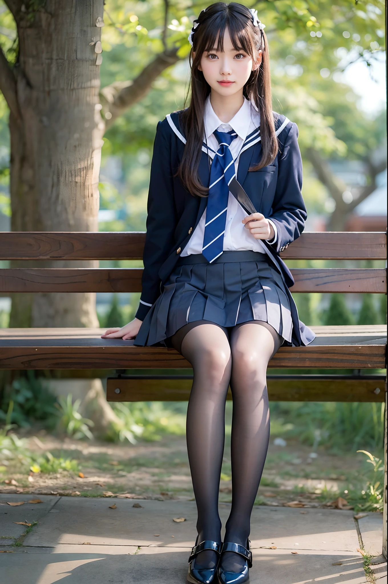 (​masterpiece:1.3), (8K, Photorealsitic, Raw photography, Top image quality: 1.4), Classy elite girl sitting on a park bench, Phenomenally cute face、wearing japanese school uniform, Wear ultra-realistic pantyhose、japanese girl school uniform, Japan school uniform, wearing headmistress uniform, Young Pretty Gravure Idol, photograph taken in 2 0 2 0, dressed as schoolgirl, Wearing school uniform, Wearing a strict business suit, Young skinny gravure idol, Seifuku、Full-length and black stockings, pantyhose tights, Complete legs, 19-year-old girl, 1 8 I, Posing in the bedroom, nylon tights, Leg and thigh shots, Posing in bed, wearing in stocking