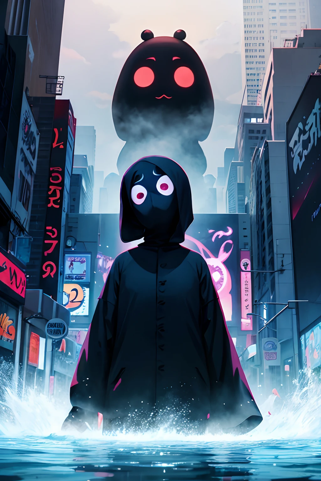 NOFACE from spirited away with random other charaters from the spirited away movie and in fantasy cherry blossom forest ov illusions and holographic neon anime billboards