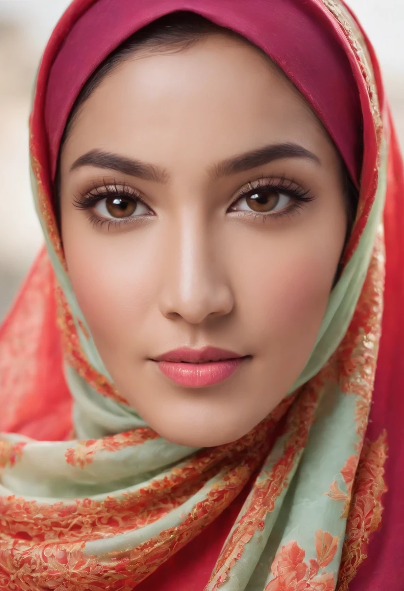 ```vbnet
(("Radiant Elegance: Beautiful Asian Woman in Vibrant Hijab with a Sweet Smile")) depicting a woman of Asian descent exuding grace and warmth. Illustrate her wearing a brightly colored hijab that complements her features, framing her face with vibrant hues. Capture her sweet smile, reflecting genuine happiness and kindness. Emphasize the delicate folds of the hijab, showcasing the fabric's texture and vibrant colors. Highlight her expressive eyes and the subtle contour of her lips, conveying a sense of inner beauty and confidence. Illuminate the scene with (((soft, natural light))) to enhance the woman's natural radiance and the vivid colors of her hijab. Use an art style that blends realism with a touch of warmth, creating a visually captivating and heartwarming portrayal of the beautiful, Asian-looking woman in her vibrant hijab, emanating positivity and charm.
```