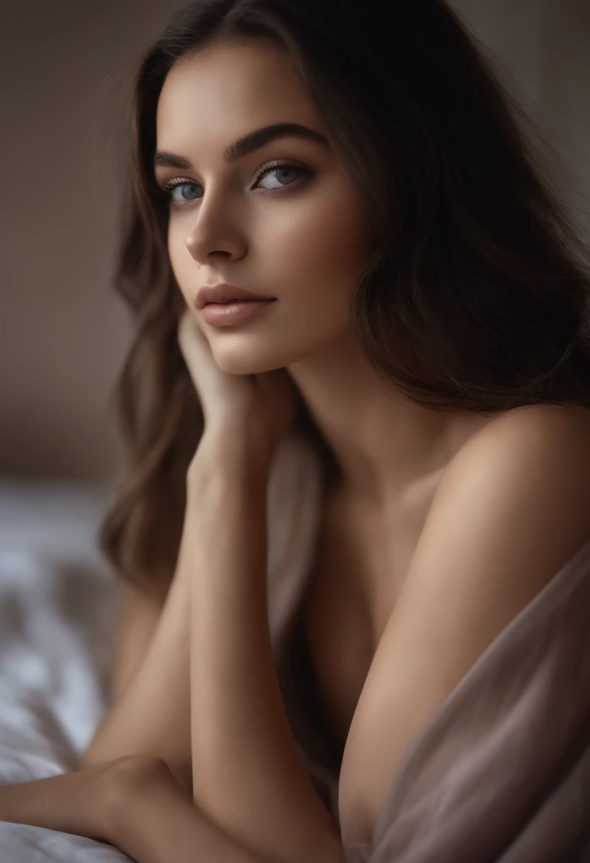 Arafed woman completely , fille sexy aux yeux bruns, ultra realist, Meticulously detailed, Portrait Sophie Mudd, cheveux bruns et grands yeux, selfie of a young woman, Dubai Eyes, Violet Myers, sans maquillage, maquillage naturel, looking straight at camera, Visage avec Artgram, Maquillage subtil, Great photo of the whole body kneeling on the bed, dans la chambre, Medium to large bust