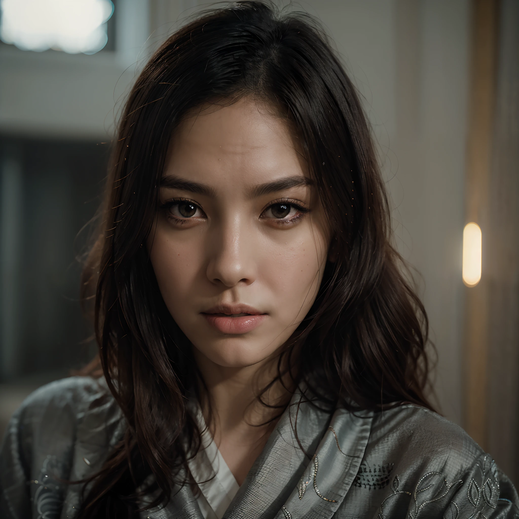 Realistic portrait, Official Art, Unity 8k wallpaper, super detailed, beautiful, beautiful Asian girl, focused on detailed face, has a little to no dark spots, wearing black clothing, facing camera and looking at camera, 3/4 angle, masterpiece, inside a historically classical mansion in dark with but only few moonlight, best quality, dark, atmospheric, mystical, romantic, creepy, literature, art, fashion, show era, decoration, intricacies, fur products, lace, contemplation, emotional depth, supernatural, kimono 1girl, solo, neck, bust composition, Realistic, bokeh, lens_flare,Natural light,portrait,Grey Film filter,(KODAK Ektar 100:1.2)